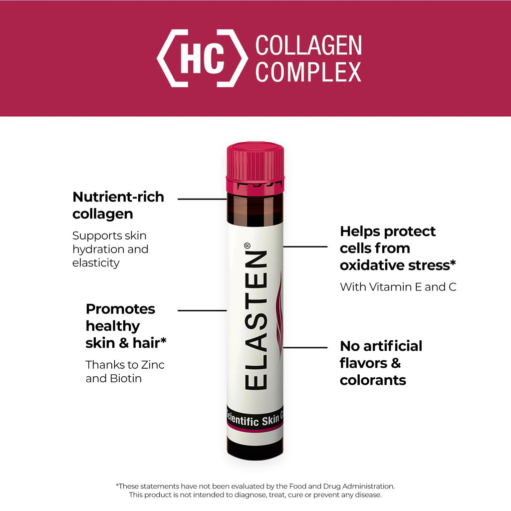 ELASTEN Clinically Tested Collagen Complex for Radiant Skin from Within – Reduces Fine Lines – Supports Healthy Connective Tissue – 28 Liquid Collagen Ampoules (0.85 fl oz / 25 ml Each) - Maple Wellness Supplements