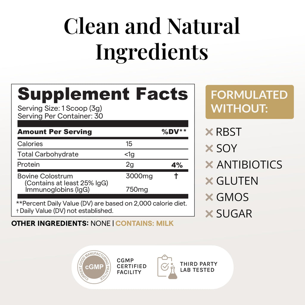 Elavite Bovine Colostrum Powder (Unflavored) Grass Fed Colostrum Supplement for Gut Health, Immune Support Healthy Hair, Skin & Nails - 30 Servings - TrustMedUSA