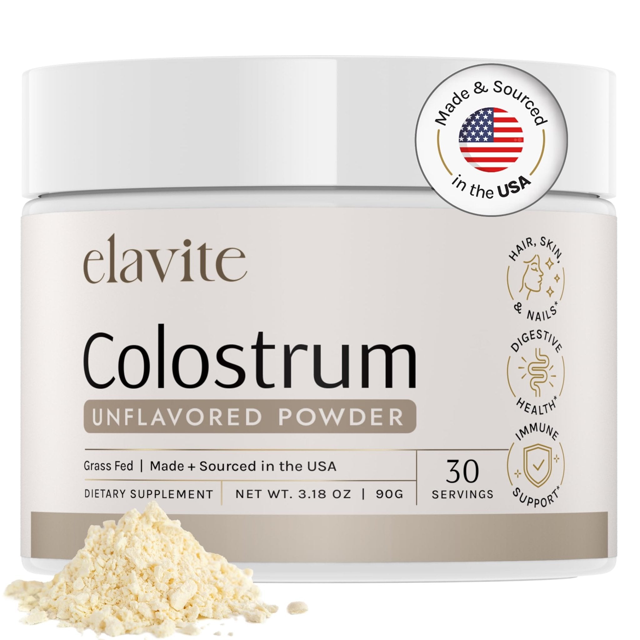Elavite Bovine Colostrum Powder (Unflavored) Grass Fed Colostrum Supplement for Gut Health, Immune Support Healthy Hair, Skin & Nails - 30 Servings - TrustMedUSA