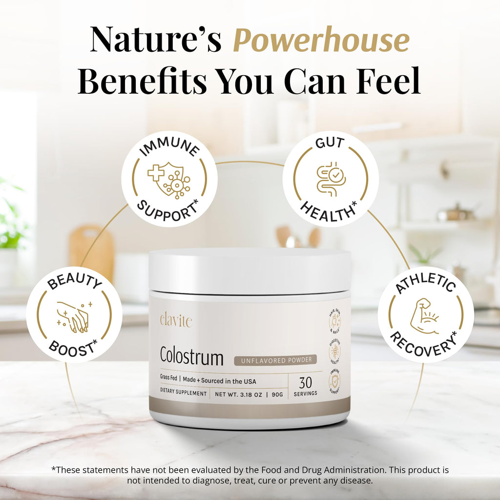 Elavite Bovine Colostrum Powder (Unflavored) Grass Fed Colostrum Supplement for Gut Health, Immune Support Healthy Hair, Skin & Nails - 30 Servings - TrustMedUSA