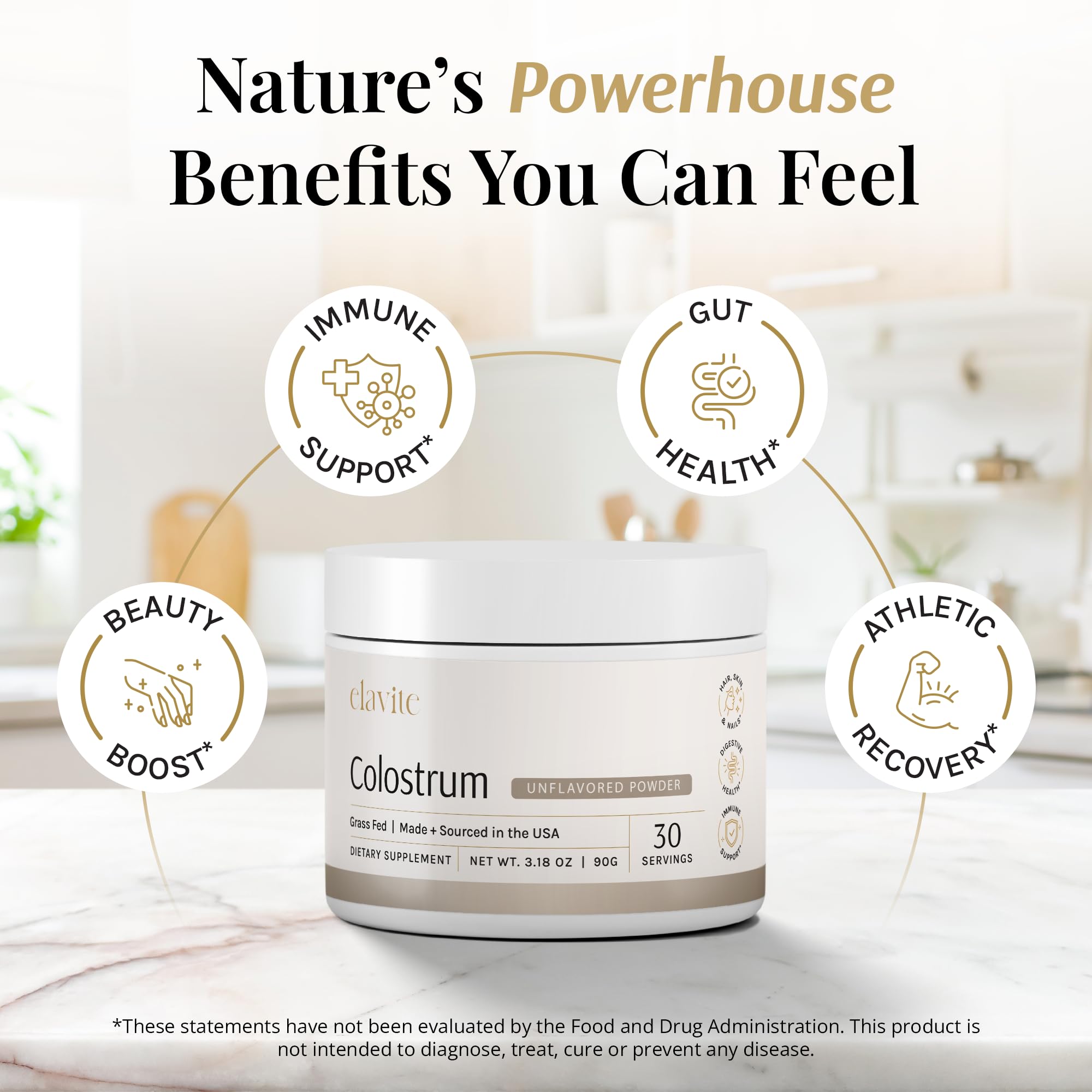 Elavite Bovine Colostrum Powder (Unflavored) Grass Fed Colostrum Supplement for Gut Health, Immune Support Healthy Hair, Skin & Nails - 30 Servings - TrustMedUSA