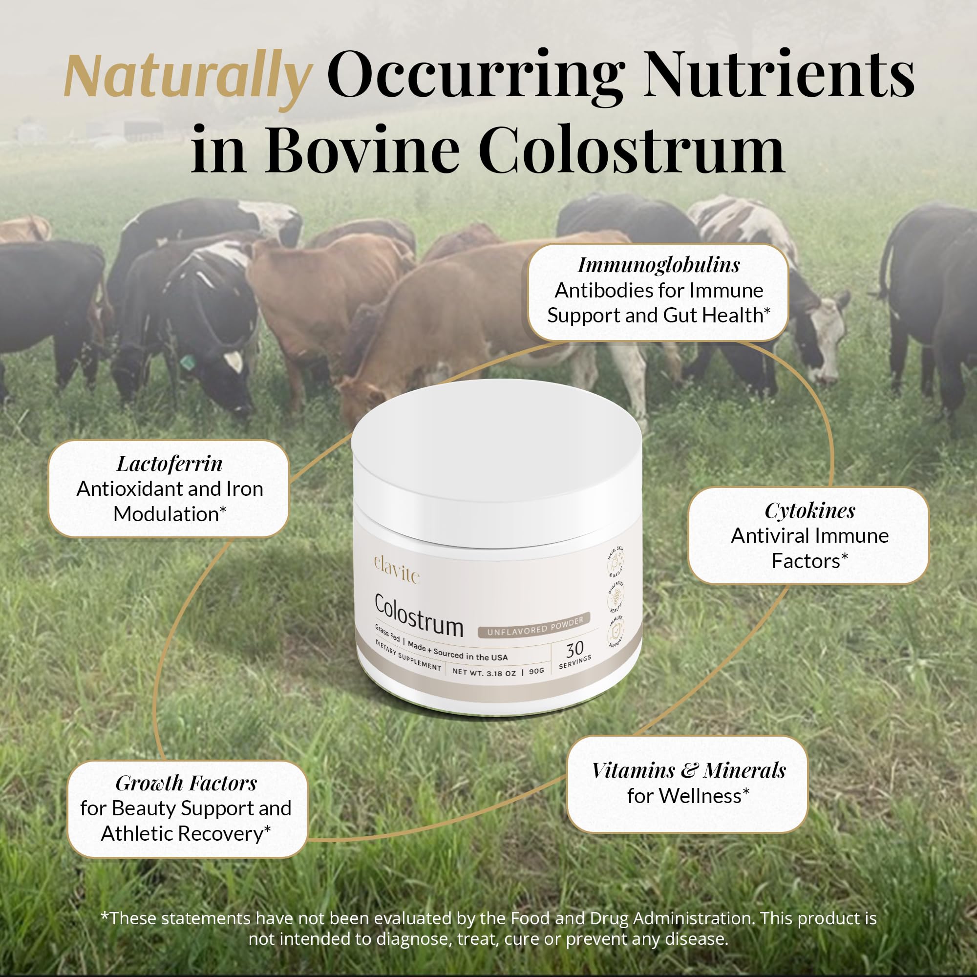 Elavite Bovine Colostrum Powder (Unflavored) Grass Fed Colostrum Supplement for Gut Health, Immune Support Healthy Hair, Skin & Nails - 30 Servings - TrustMedUSA