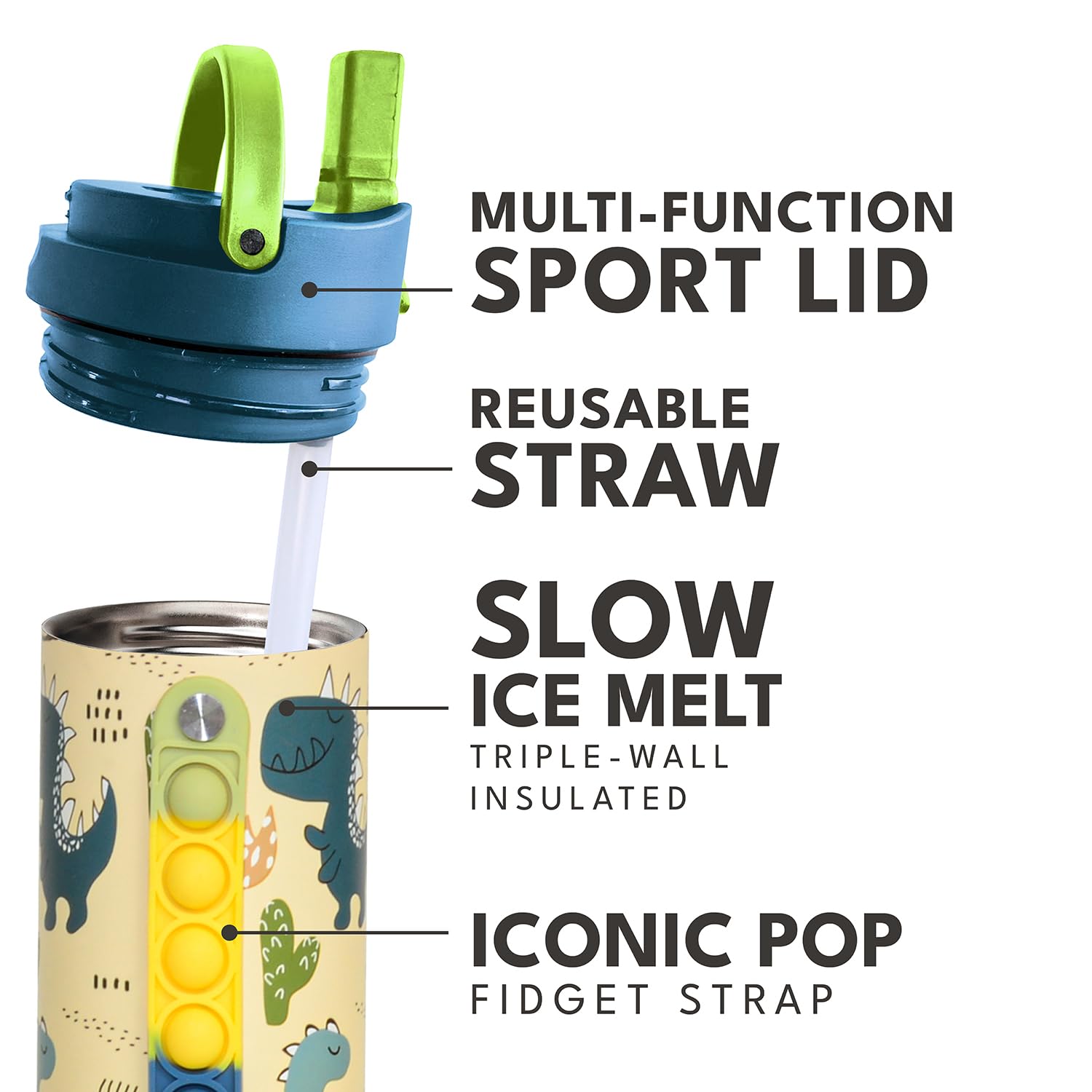 Elemental Iconic Kids Water Bottle for School - 100% Leak-Proof Insulated Water Bottles with Straw Lid & Pop-It Handle for Boys & Girls - Triple-Wall Insulated & BPA-Free, 20oz – Dinosaur - Maple Wellness Supplements