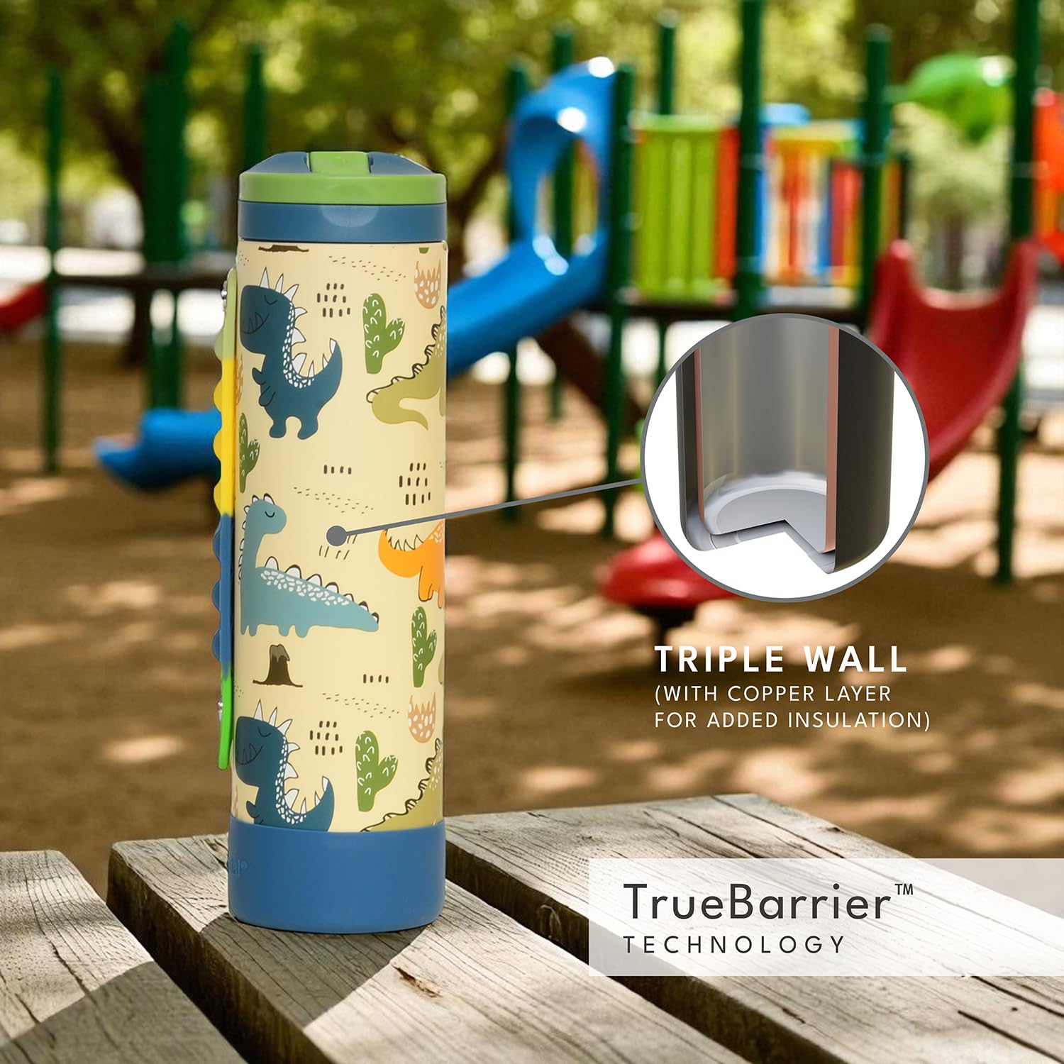 Elemental Iconic Kids Water Bottle for School - 100% Leak-Proof Insulated Water Bottles with Straw Lid & Pop-It Handle for Boys & Girls - Triple-Wall Insulated & BPA-Free, 20oz – Dinosaur - Maple Wellness Supplements
