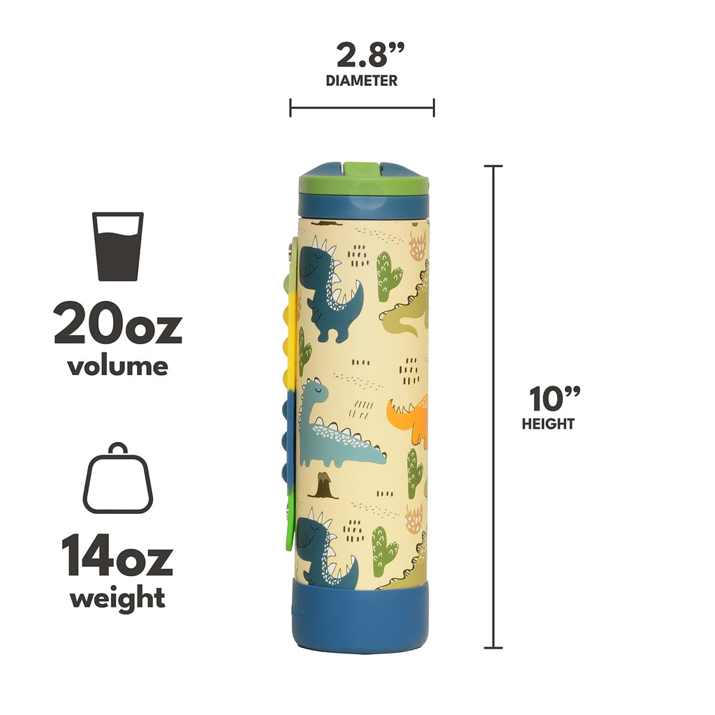 Elemental Iconic Kids Water Bottle for School - 100% Leak-Proof Insulated Water Bottles with Straw Lid & Pop-It Handle for Boys & Girls - Triple-Wall Insulated & BPA-Free, 20oz – Dinosaur - Maple Wellness Supplements