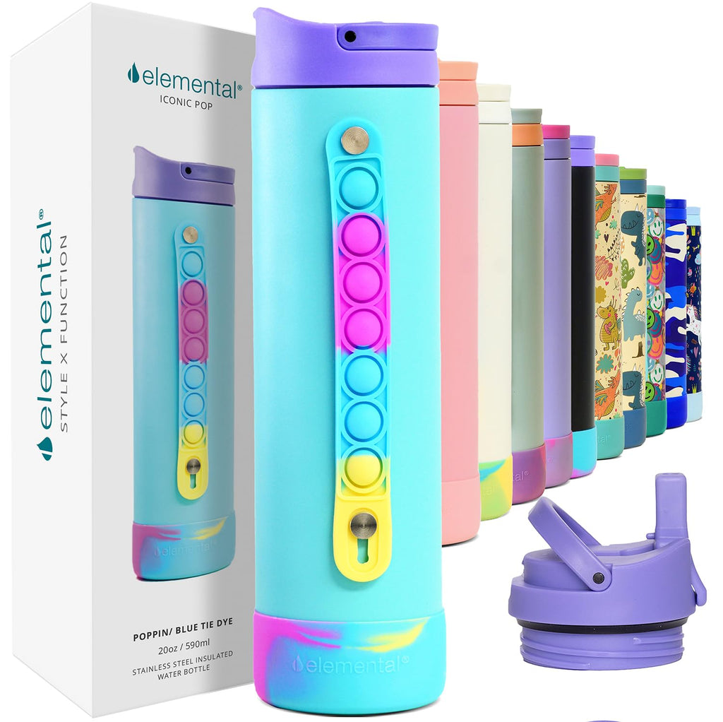 Elemental Iconic Water Bottle for School - 100% Leak-Proof Insulated Water Bottles with Straw Lid & Pop-It Handle - Triple-Wall Insulated & BPA-Free, 20oz – Blue Tie Dye - Maple Wellness Supplements