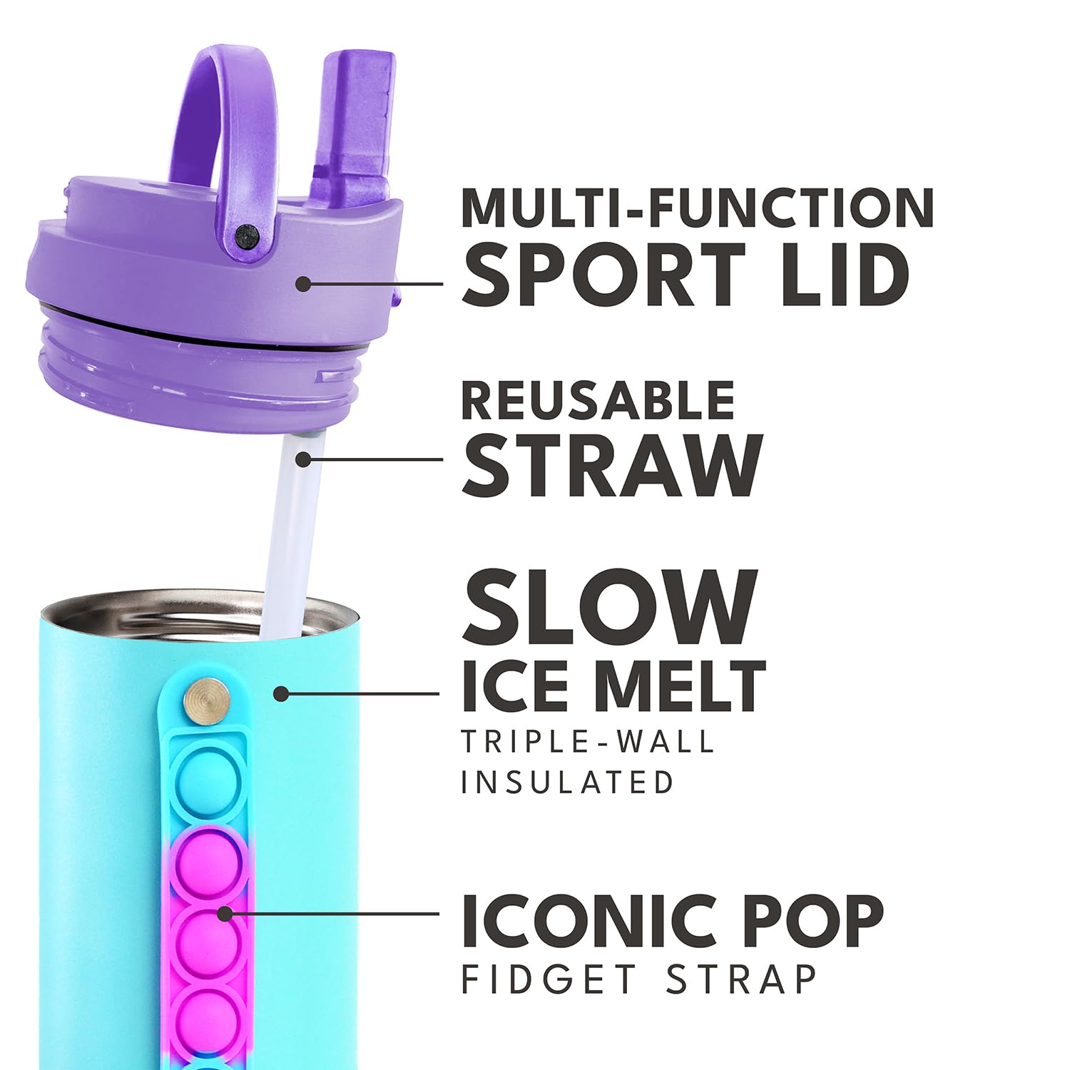 Elemental Iconic Water Bottle for School - 100% Leak-Proof Insulated Water Bottles with Straw Lid & Pop-It Handle - Triple-Wall Insulated & BPA-Free, 20oz – Blue Tie Dye - Maple Wellness Supplements