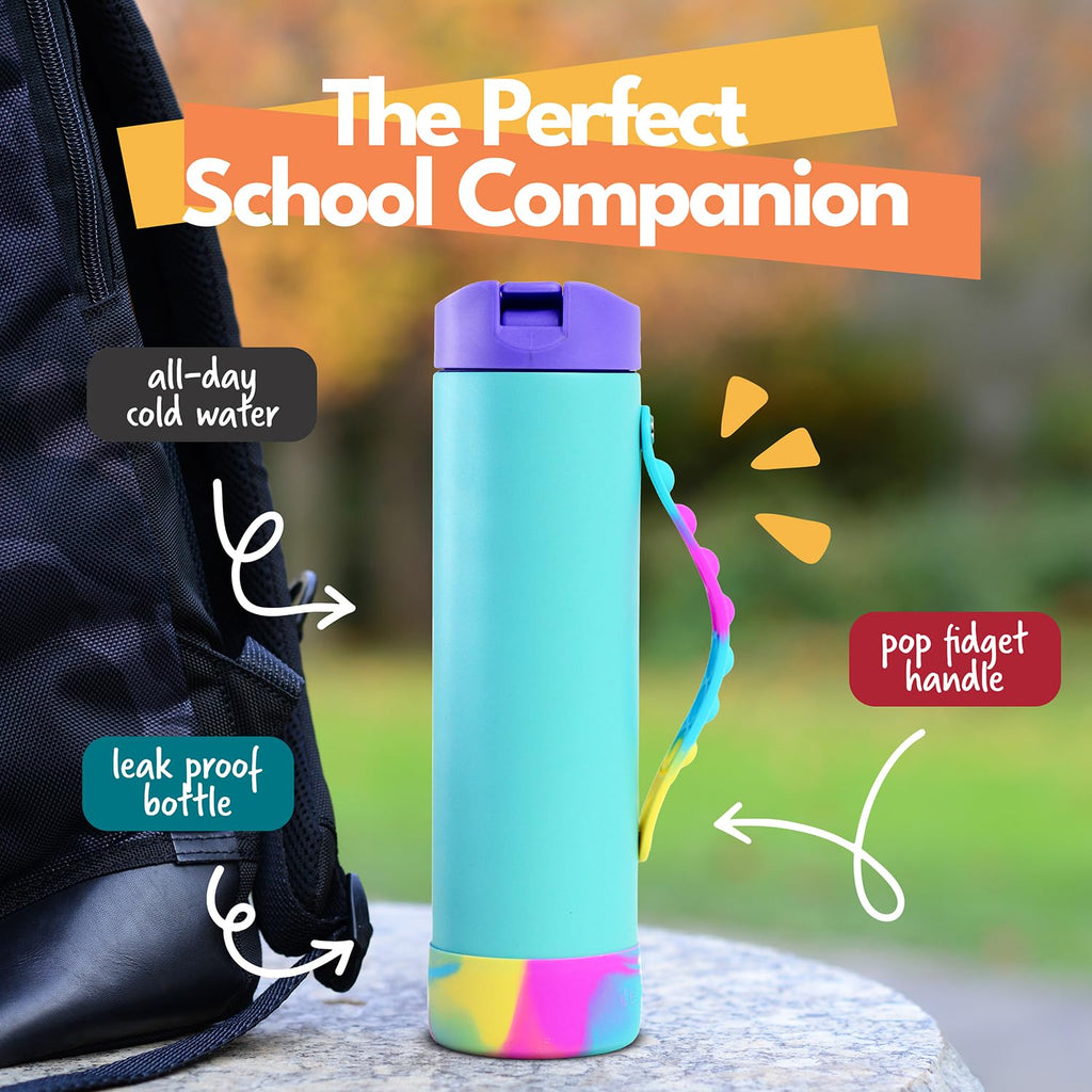 Elemental Iconic Water Bottle for School - 100% Leak-Proof Insulated Water Bottles with Straw Lid & Pop-It Handle - Triple-Wall Insulated & BPA-Free, 20oz – Blue Tie Dye - Maple Wellness Supplements
