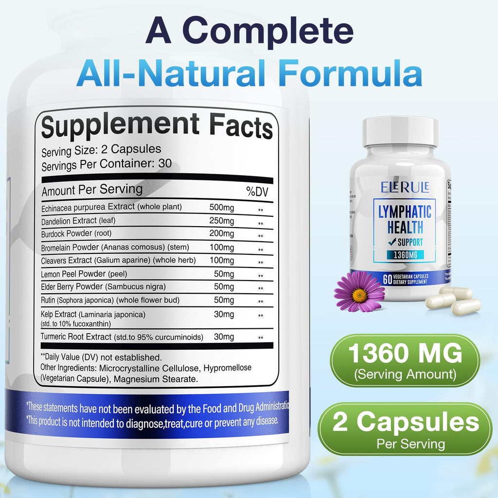 ELERULE Lymphatic Support Supplement, Lymphatic Drainage Supplements with with Dandelion, Burdock, Echinacea, Lemon & More, Lymph System Support for Men and Women – 60 Capsules - Maple Wellness Supplements