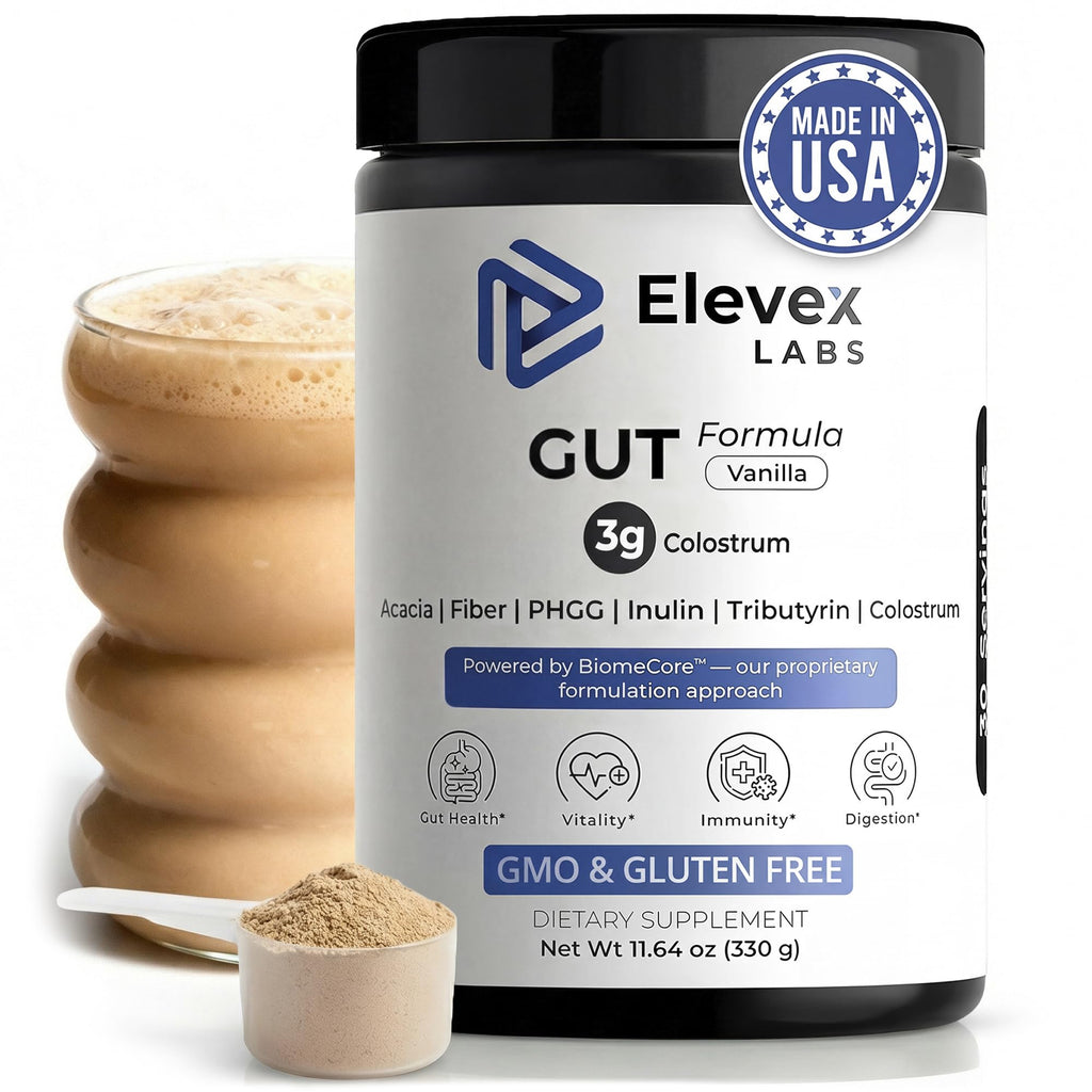 Elevex Labs Gut Health Supplement Powder – Digestive Health Formula with Colostrum, Tributyrin & PHGG Prebiotics for Gut Health, Gut Lining, Gut-Brain & Bloating Relief - TrustMedUSA
