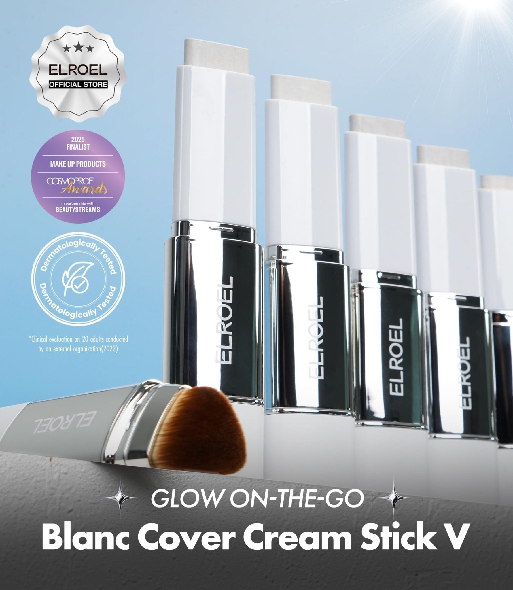 ELROEL Blanc Cover Cream Stick V White - Korean Color-Changing Foundation Stick with Volufiline - Medium to Full Coverage Dewy Finish Base Makeup - Dual-Ended with Detachable Brush (202 Natural) - TrustMedUSA