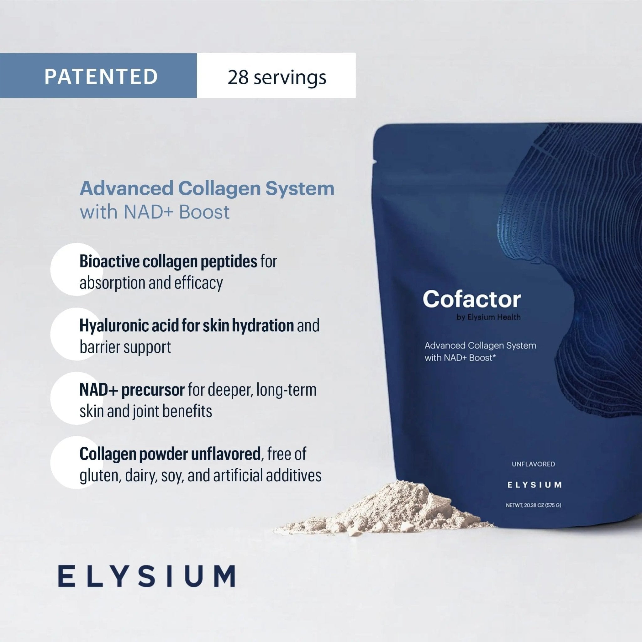 ELYSIUM Cofactor – 4-in-1 Collagen Peptides Powder w/NAD+, Hyaluronic Acid & Vitamin C for Skin, Hair, Nails, Joints & Cellular Health, Collagen Supplements for Men & Women – Unflavored, 28 Servings - TrustMedUSA