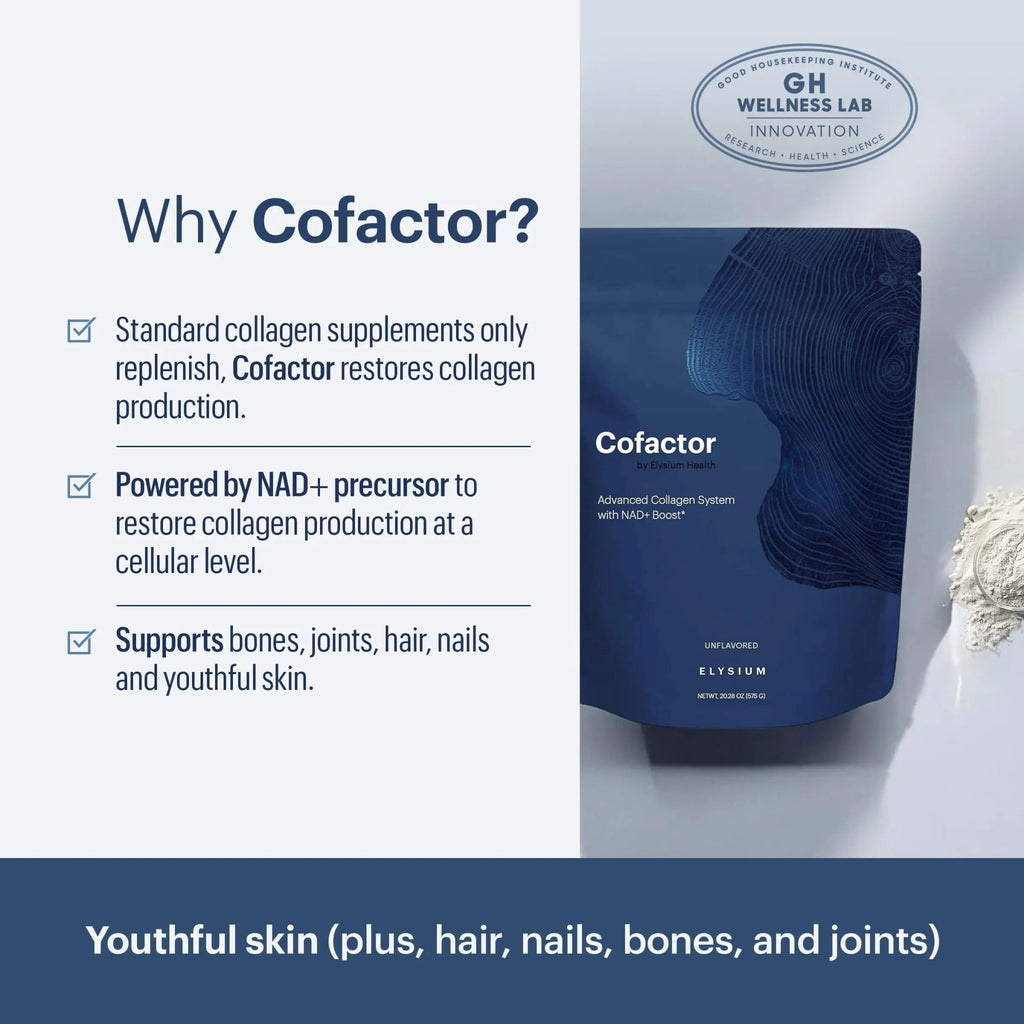 ELYSIUM Cofactor – 4-in-1 Collagen Peptides Powder w/NAD+, Hyaluronic Acid & Vitamin C for Skin, Hair, Nails, Joints & Cellular Health, Collagen Supplements for Men & Women – Unflavored, 28 Servings - TrustMedUSA