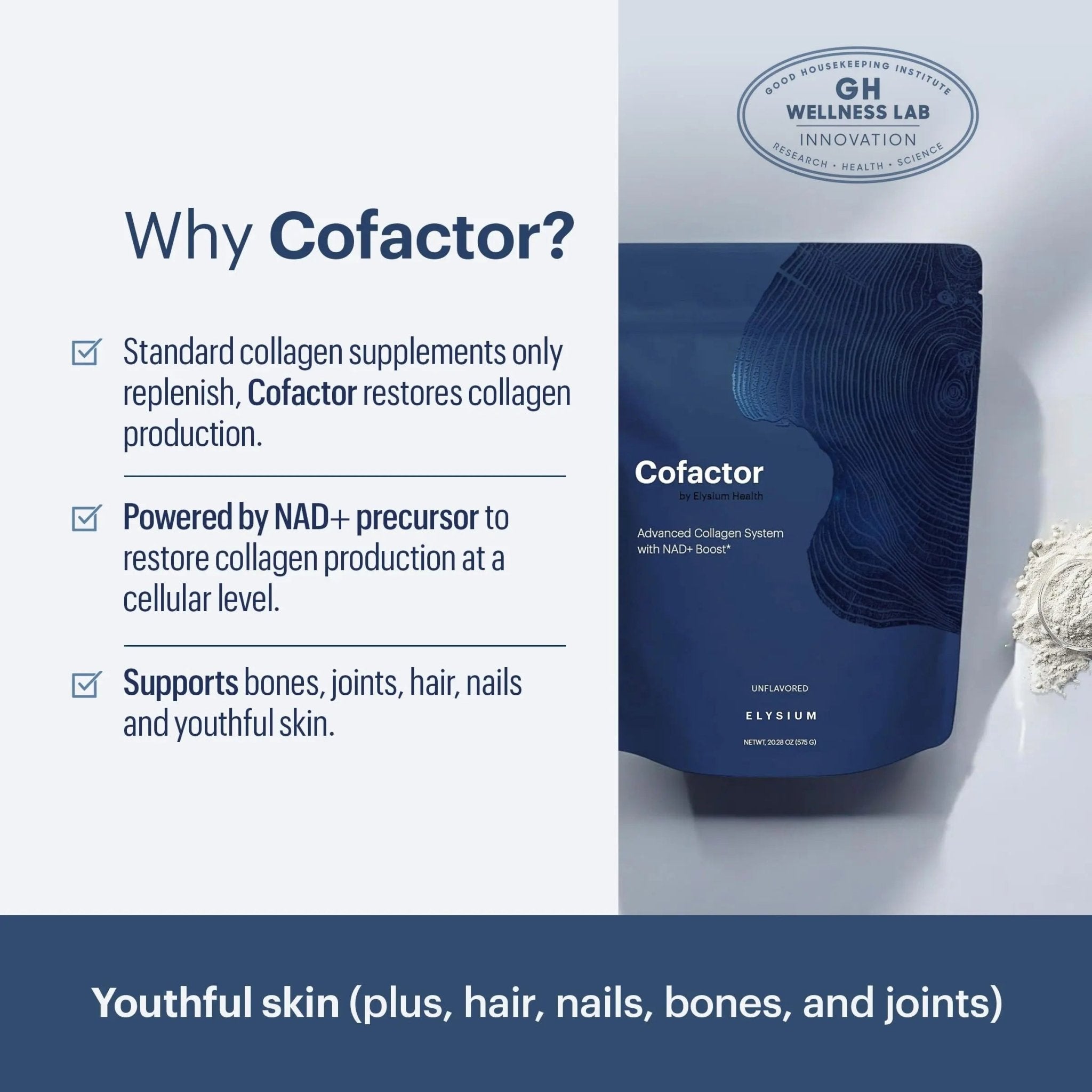 ELYSIUM Cofactor – 4-in-1 Collagen Peptides Powder w/NAD+, Hyaluronic Acid & Vitamin C for Skin, Hair, Nails, Joints & Cellular Health, Collagen Supplements for Men & Women – Unflavored, 28 Servings - TrustMedUSA