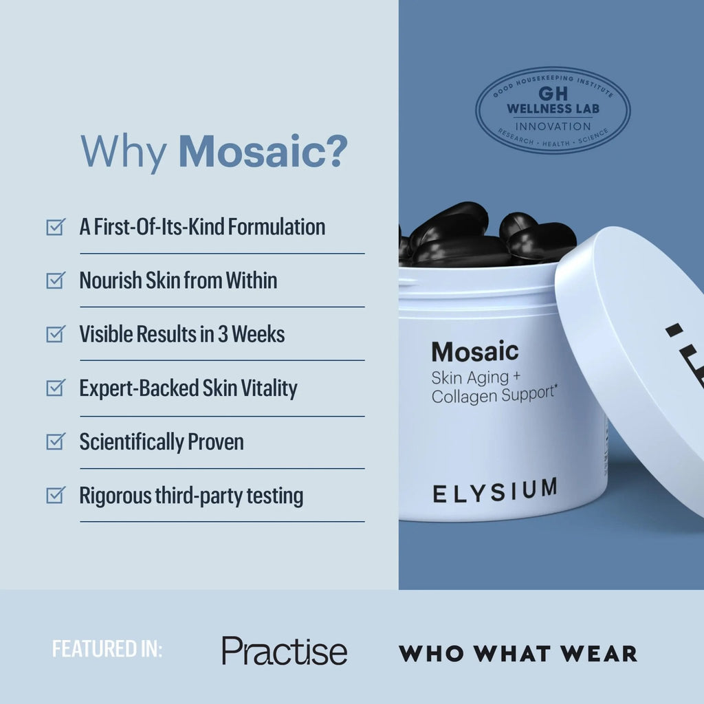 ELYSIUM Mosaic - Hyaluronic Acid Supplement - Clinically Proven - Fights Fine Lines & Skin Aging - Collagen Supplement - 30-Day Supply (Vegan Softgels) - TrustMedUSA