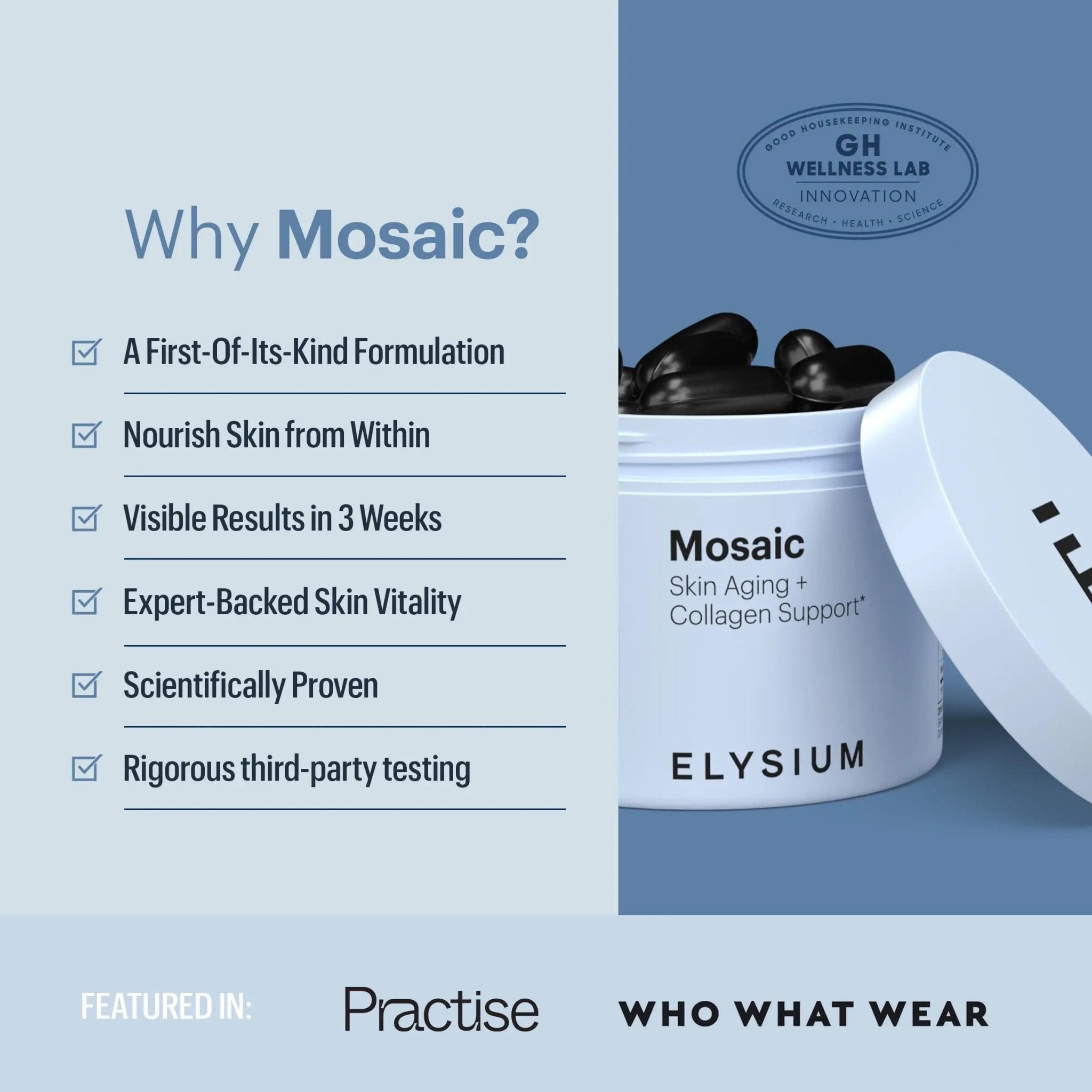 ELYSIUM Mosaic - Hyaluronic Acid Supplement - Clinically Proven - Fights Fine Lines & Skin Aging - Collagen Supplement - 30-Day Supply (Vegan Softgels) - TrustMedUSA