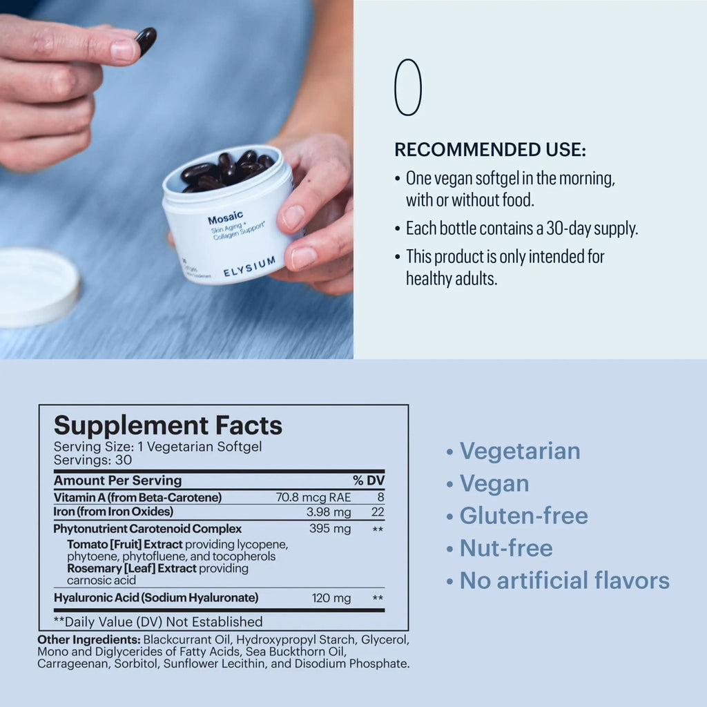 ELYSIUM Mosaic - Hyaluronic Acid Supplement - Clinically Proven - Fights Fine Lines & Skin Aging - Collagen Supplement - 30-Day Supply (Vegan Softgels) - TrustMedUSA