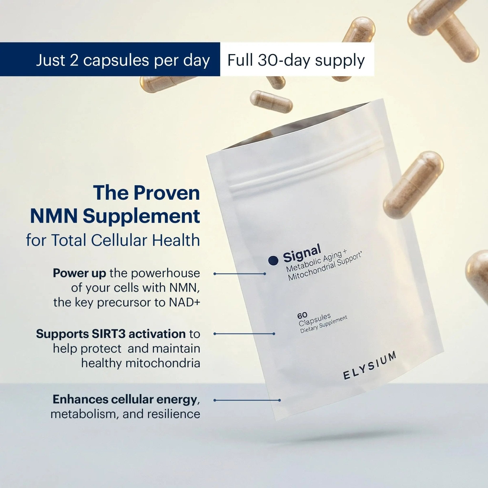 ELYSIUM Signal NMN Supplement - Clinically Proven to Support NAD+ Production, Mitochondrial Function & Metabolic Health - Nicotinamide Mononucleotide and SIRT3 Activation Complex- 30 Day Supply - TrustMedUSA