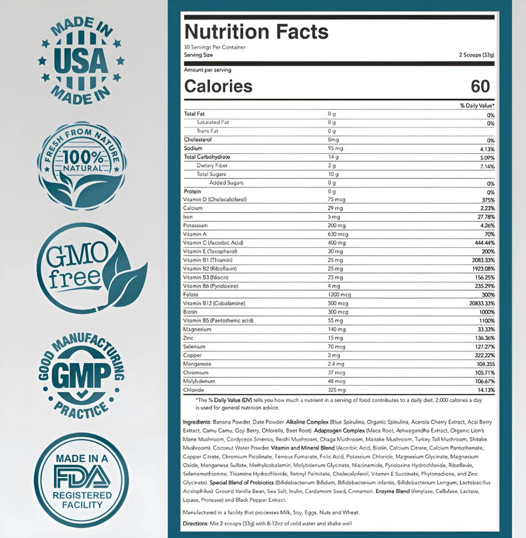 ELYXaR Daily Superfood Complex - Supplement Powder - 60+ Vitamins, Minerals, Wholefood-Sourced Ingredients, Stress Adaptogens, Pro & Prebiotics, Digestive Enzymes, & Electrolytes - 30 Servings - TrustMedUSA