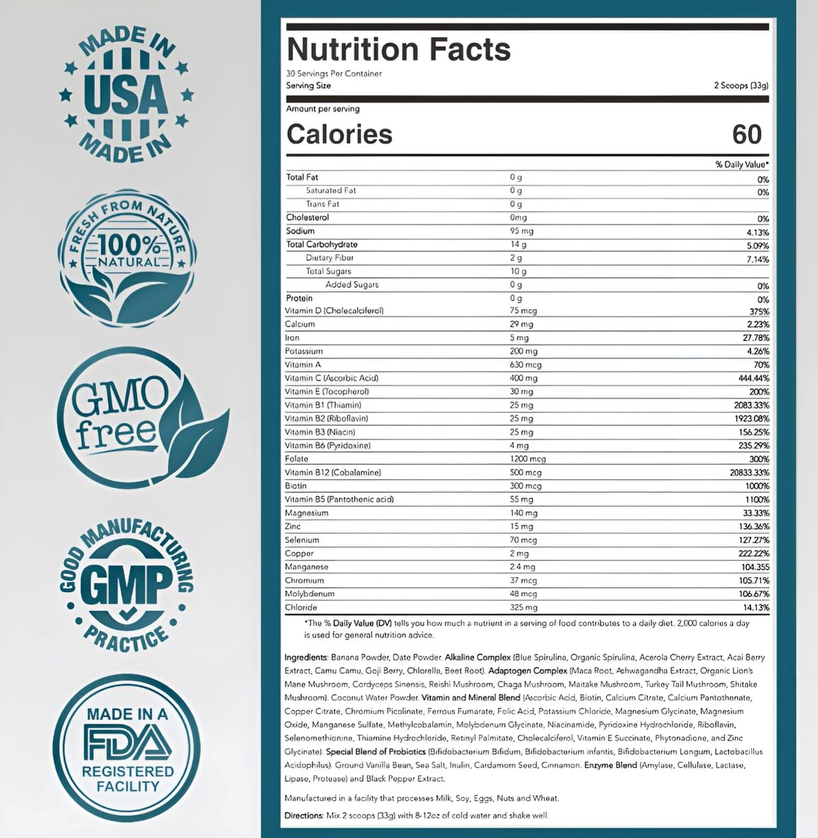 ELYXaR Daily Superfood Complex - Supplement Powder - 60+ Vitamins, Minerals, Wholefood-Sourced Ingredients, Stress Adaptogens, Pro & Prebiotics, Digestive Enzymes, & Electrolytes - 30 Servings - TrustMedUSA