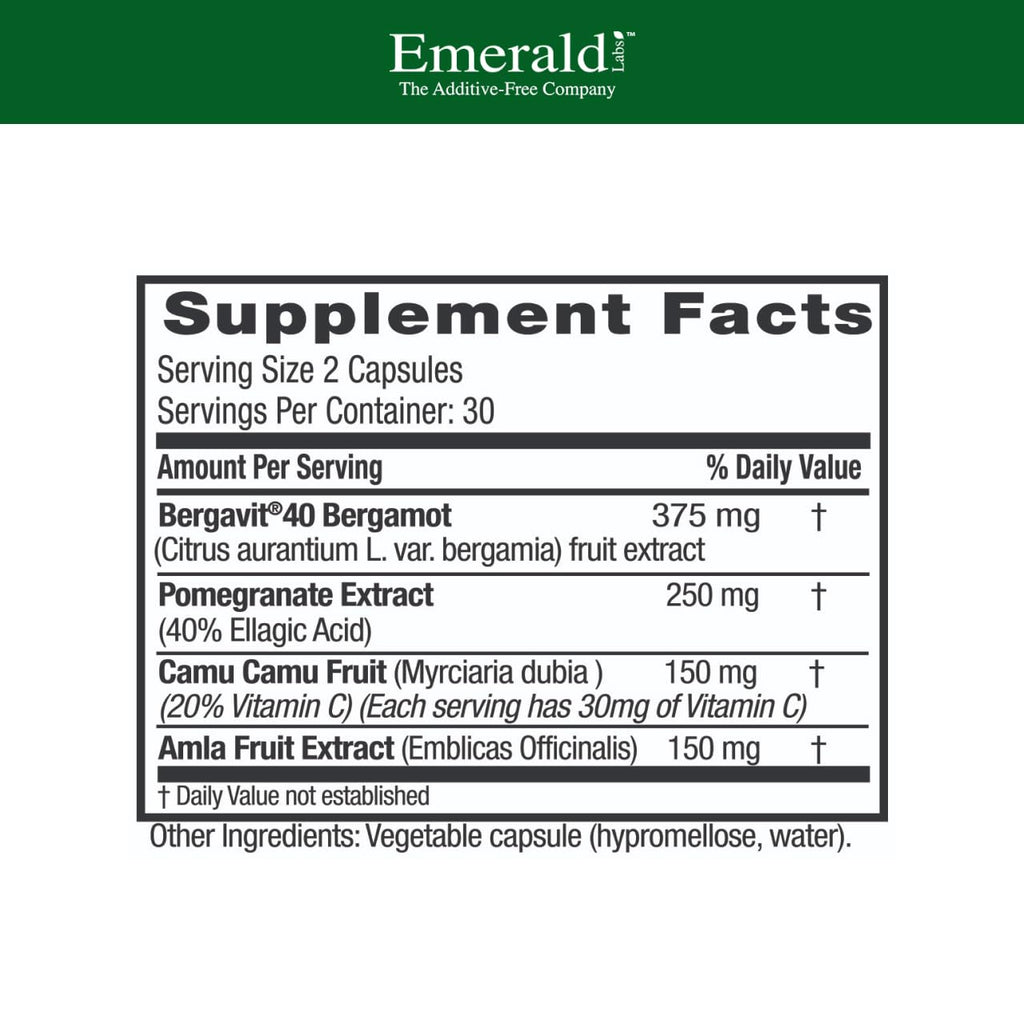 EMERALD LABS Bergamot+ - Supports Metabolism & Heart Health with Bergamot, Pomegranate, Amla & Camu Camu - Gluten-Free & Vegan - 60 Vegetable Capsules (30 Servings) - TrustMedUSA