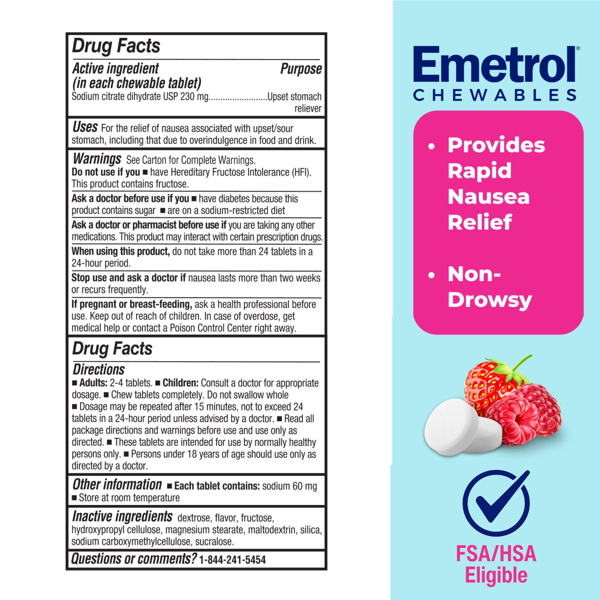 Emetrol Non-Drowsy Nausea Relief - Chewable Medicine for Upset Stomach - Pharmacist Recommended Nausea Relief - Mixed Berry Flavor, 60 Tablets - Maple Wellness Supplements