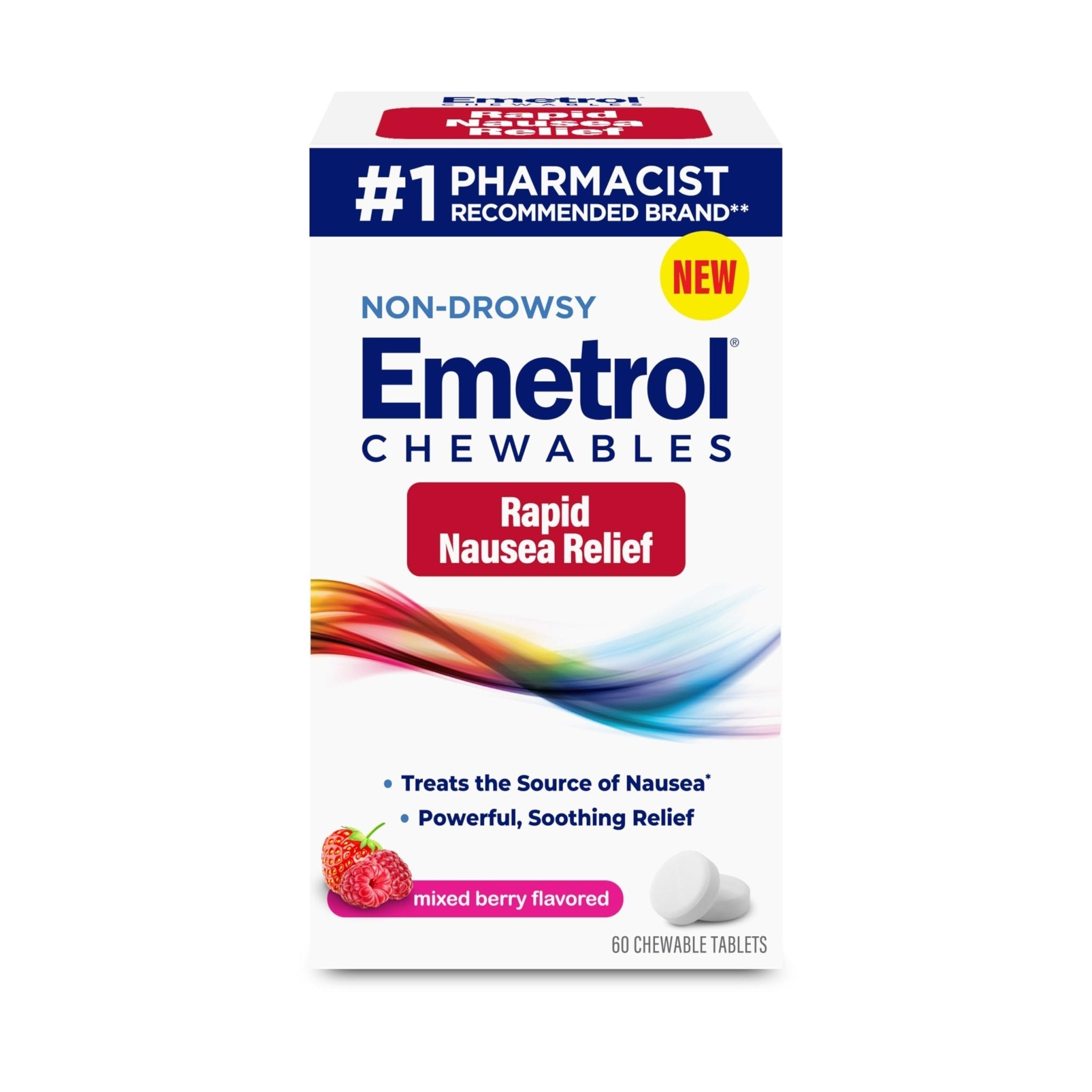 Emetrol Non-Drowsy Nausea Relief - Chewable Medicine for Upset Stomach - Pharmacist Recommended Nausea Relief - Mixed Berry Flavor, 60 Tablets - Maple Wellness Supplements