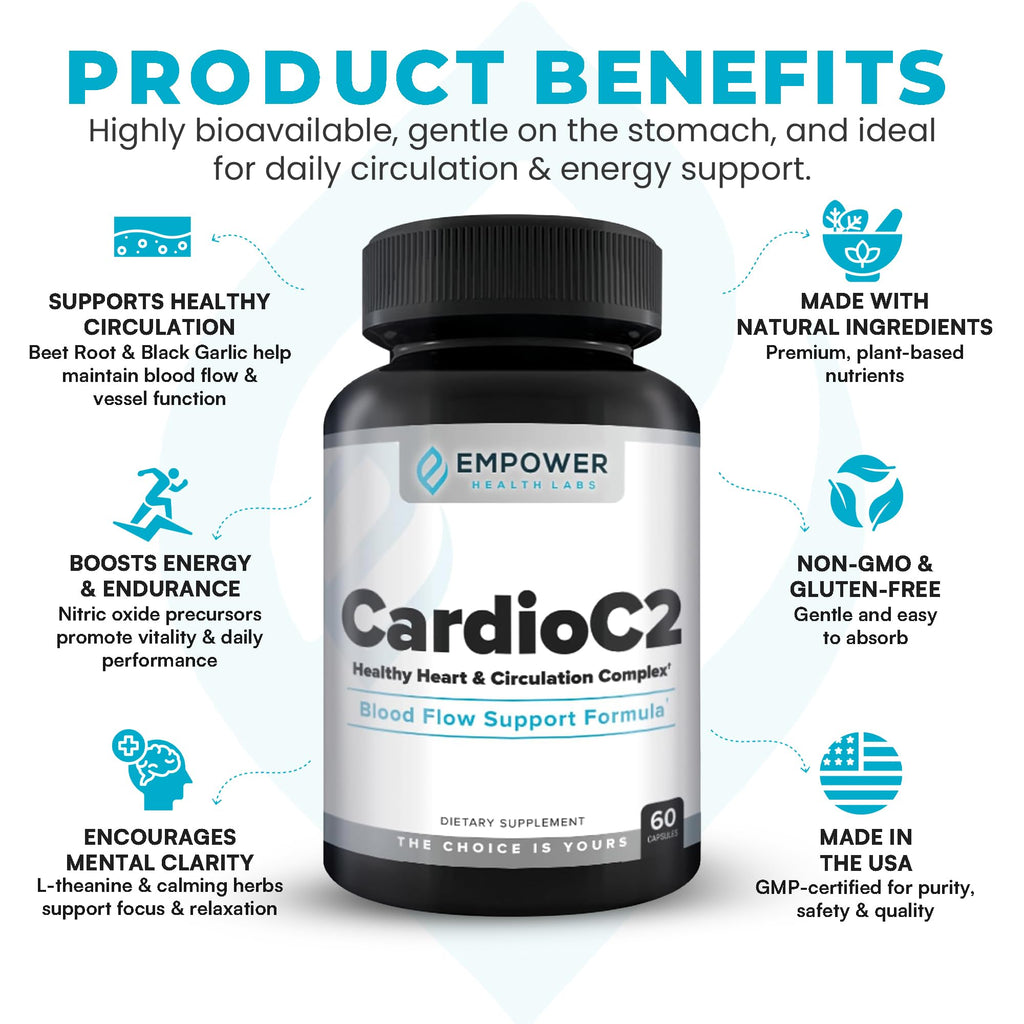 Empower Health Labs CardioC2 Circulation & Energy Support – Doctor-Formulated Blend with Beet Root, Black Garlic, Hawthorn & CoQ10 – Supports Healthy Blood Flow, Energy & Clarity – 60 Capsules - TrustMedUSA