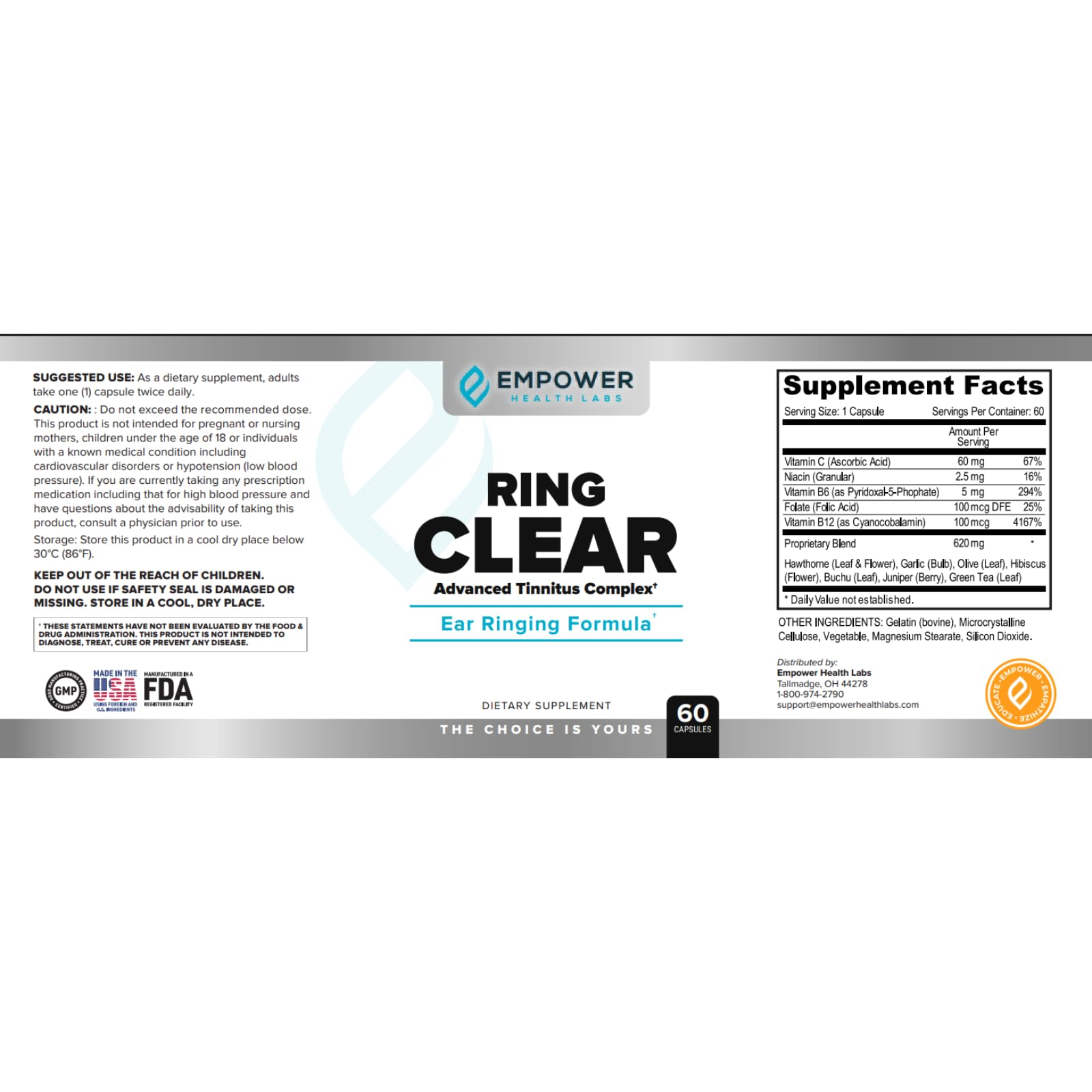 Empower Health Labs Ring Clear All-Natural Ear Buzz Relief Formula for Lasting Relief from Incessant Ear Buzzing - 30-Day Supply - TrustMedUSA