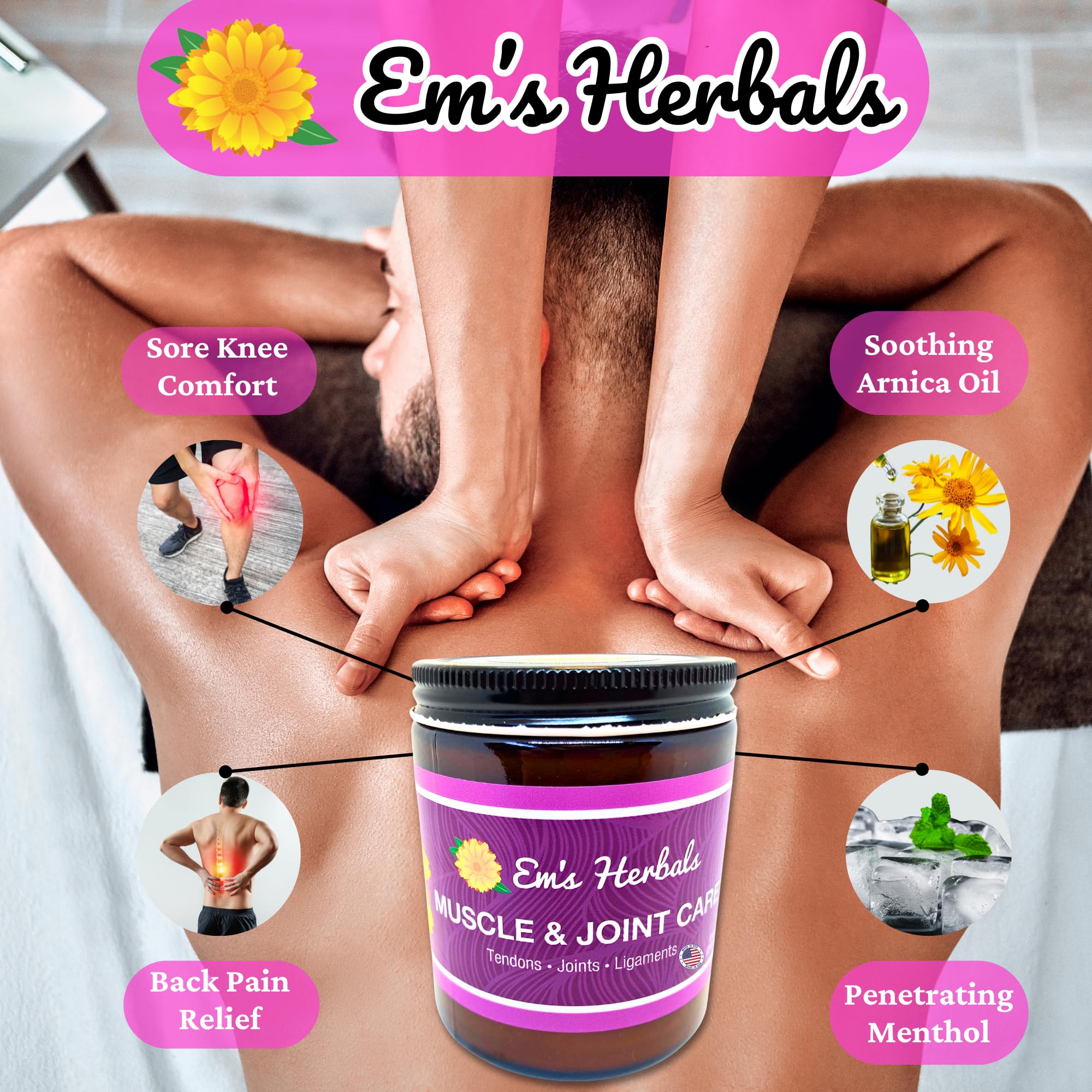 Em's Herbals, Muscle & Joint Care Arnica Salve - Amplified Arnica Salve Made with Menthol Crystals, and Effective Essential Oils to Penetrate Deep into Muscles, Joints, and Back Discomfort (2 oz) - TrustMedUSA