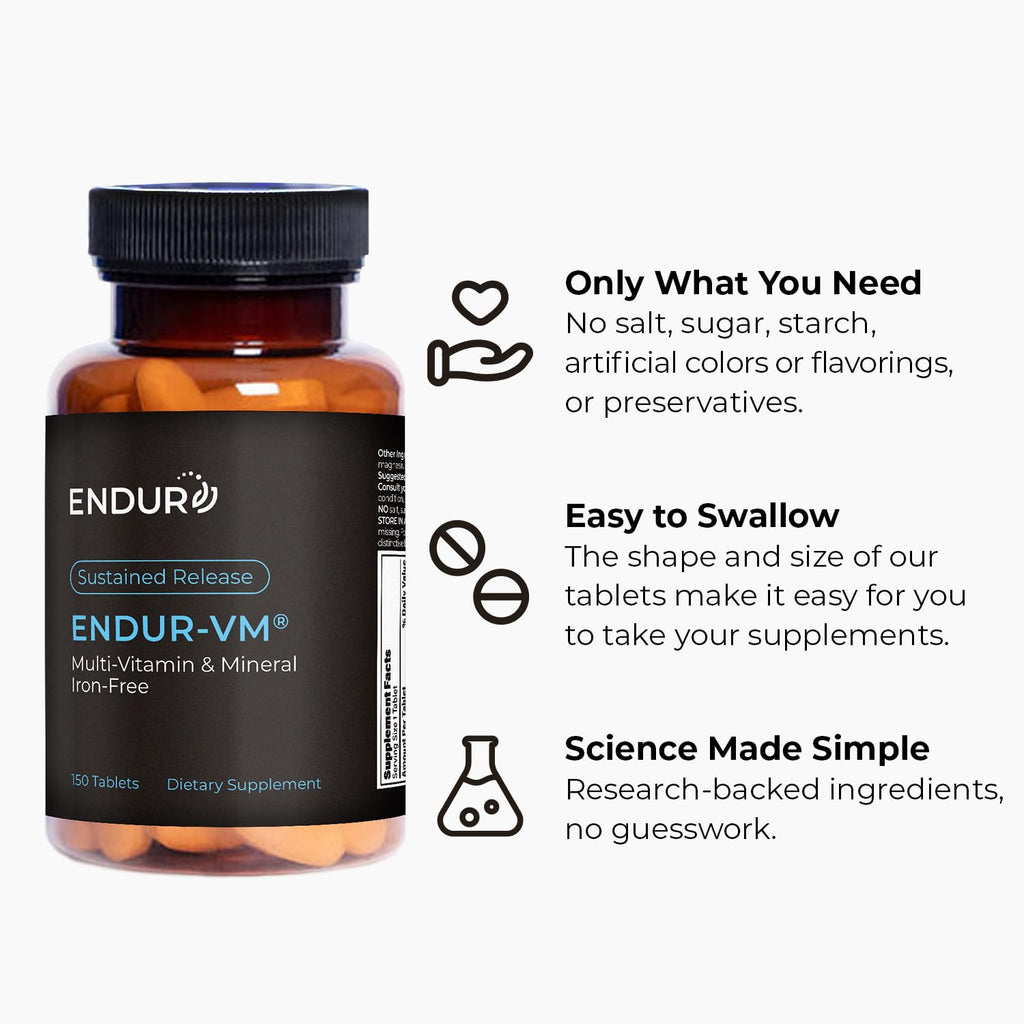 ENDUR-VM - Multivitamin Vitamin A, C, D, E, B12 & Zinc (Without Iron) SR (Sustained Release) 22 Essential Nutrients to Support Overall Wellness for Men & Postmenopausal Women - 150 Tablets - TrustMedUSA