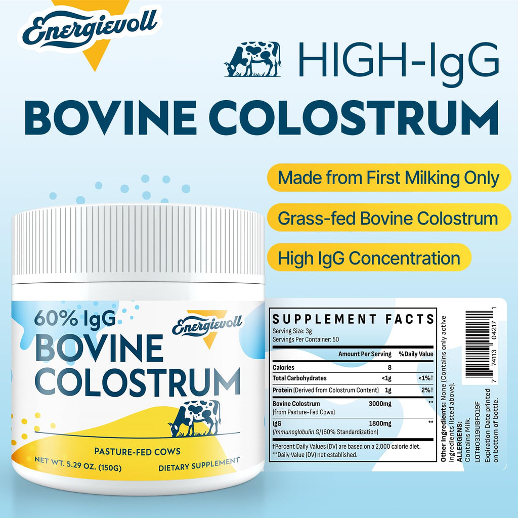 Energievoll Bovine Colostrum Supplement Powder - 60% IgG 3000 mg for Gut, Hair Growth, Beauty, and Immune, Easy to Mix, Unflavored (50 Servings) - TrustMedUSA