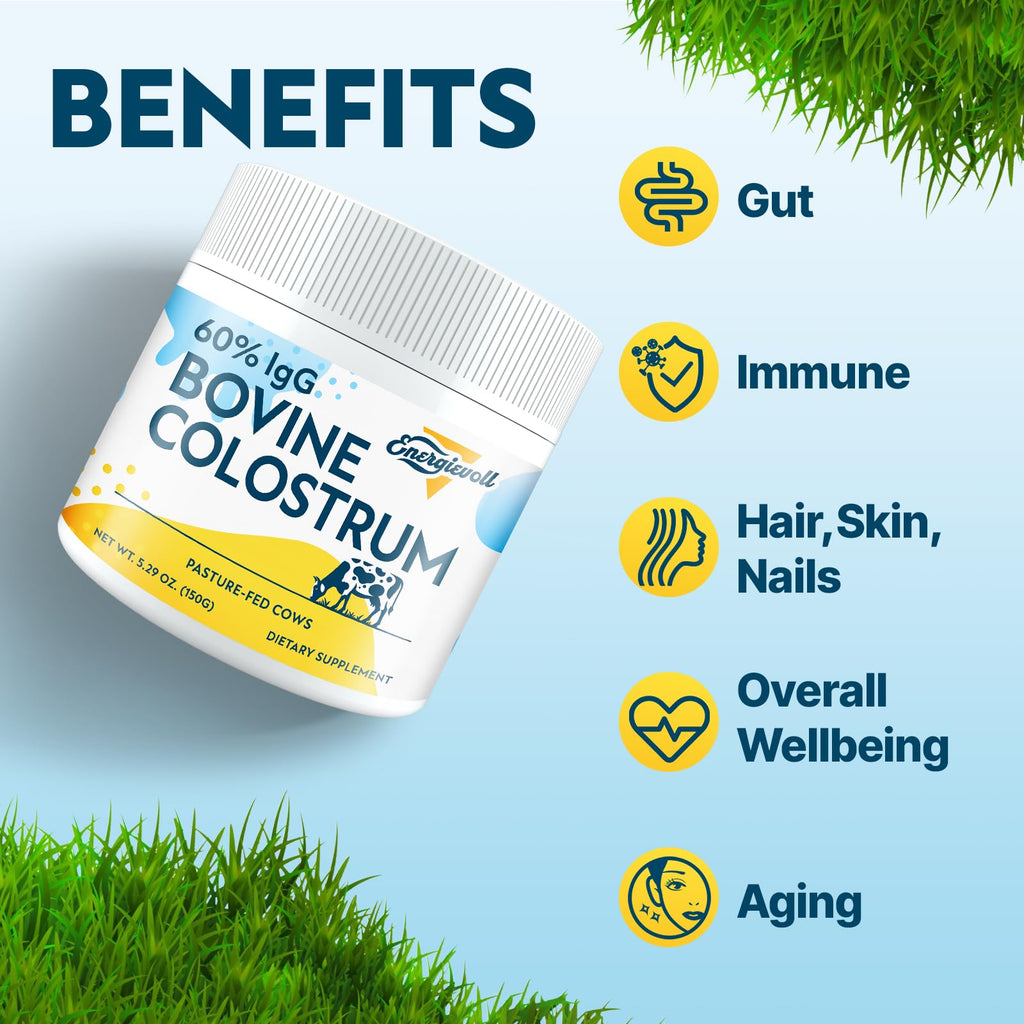 Energievoll Bovine Colostrum Supplement Powder - 60% IgG 3000 mg for Gut, Hair Growth, Beauty, and Immune, Easy to Mix, Unflavored (50 Servings) - TrustMedUSA