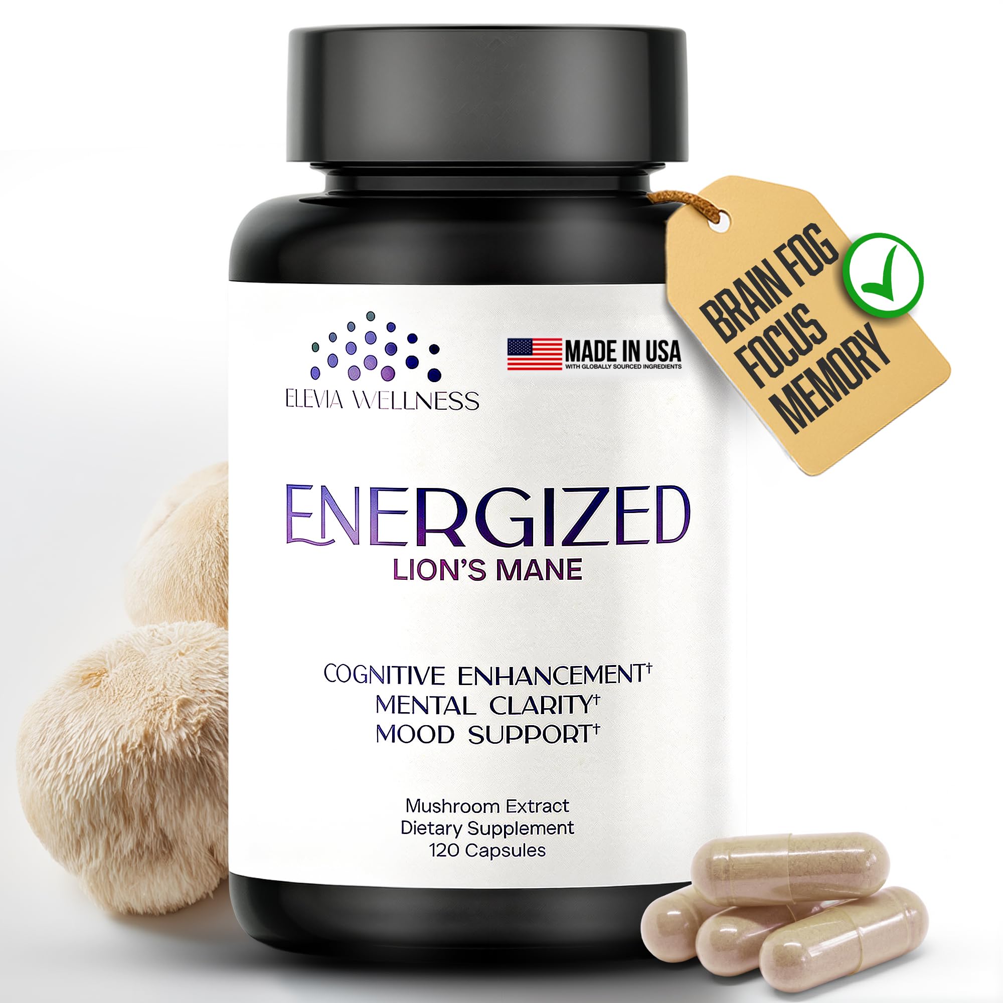 Energized Lions Mane Supplement Capsules (120ct),Brain Supplements for Memory and Focus, Nootropic for Brain Fog Relief Made in USA,30% Polysaccharides,Natural Brain Health Support - TrustMedUSA