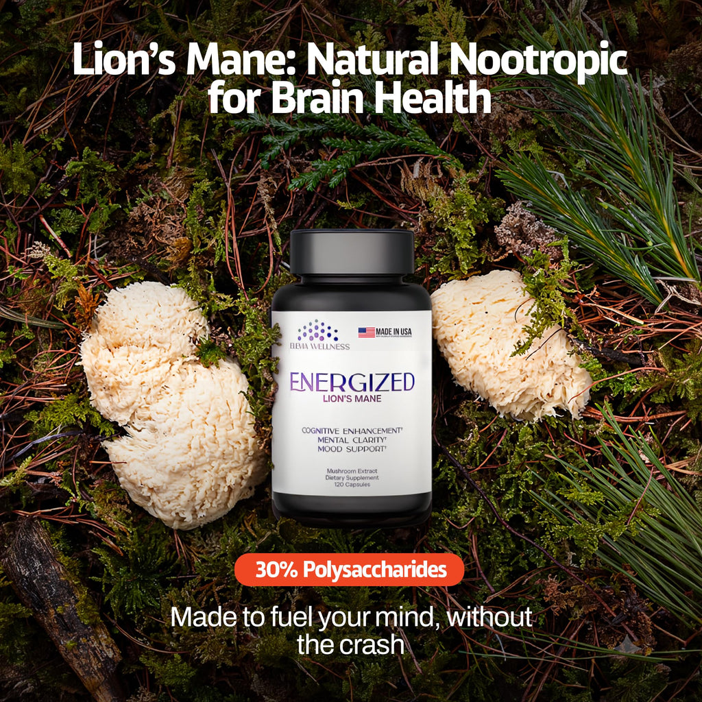 Energized Lions Mane Supplement Capsules (120ct),Brain Supplements for Memory and Focus, Nootropic for Brain Fog Relief Made in USA,30% Polysaccharides,Natural Brain Health Support - TrustMedUSA
