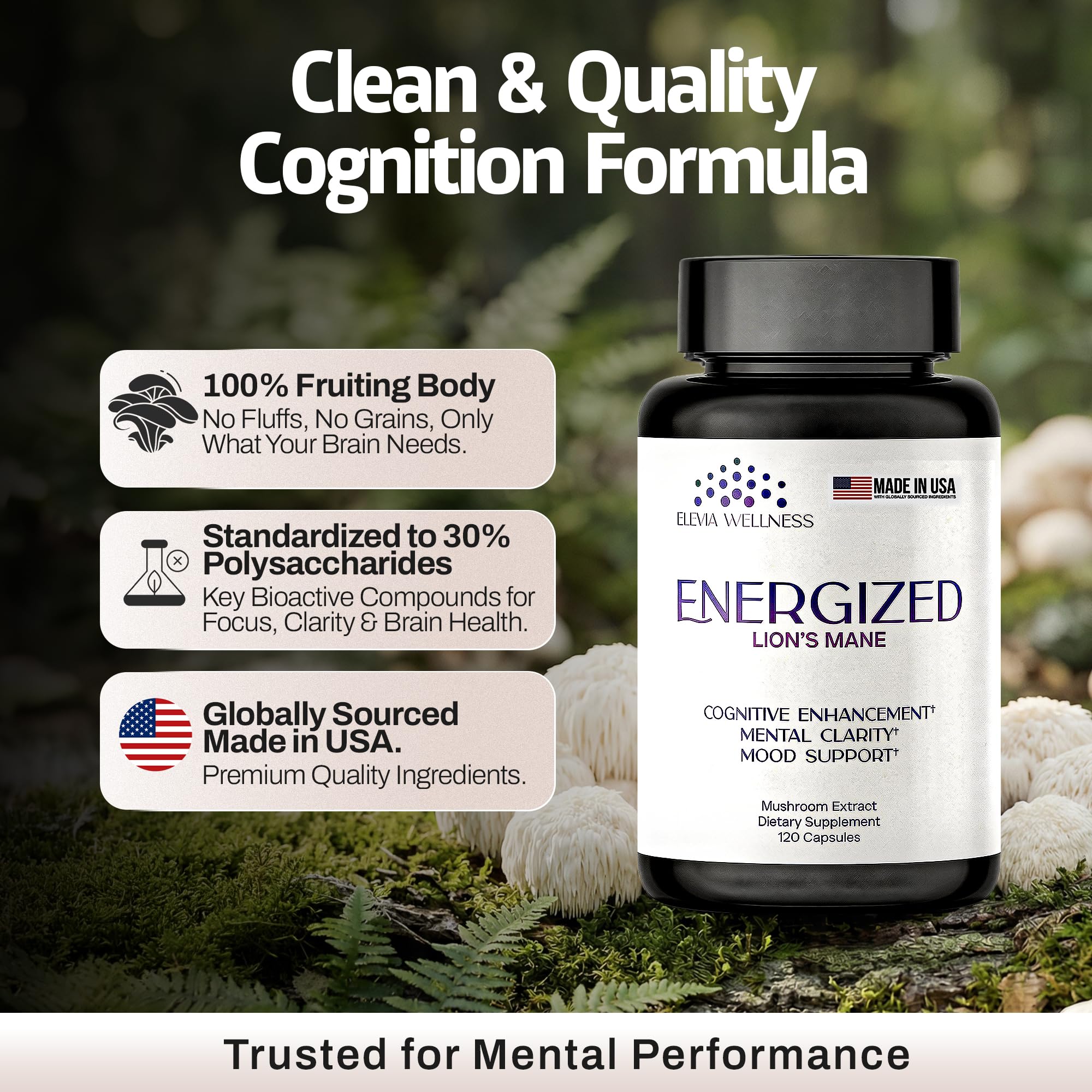 Energized Lions Mane Supplement Capsules (120ct),Brain Supplements for Memory and Focus, Nootropic for Brain Fog Relief Made in USA,30% Polysaccharides,Natural Brain Health Support - TrustMedUSA