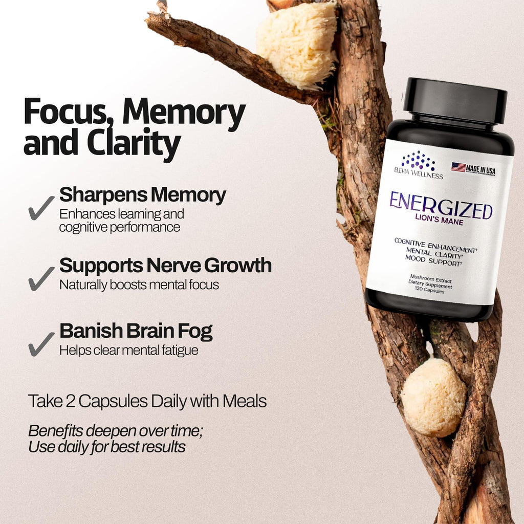 Energized Lions Mane Supplement Capsules (120ct),Brain Supplements for Memory and Focus, Nootropic for Brain Fog Relief Made in USA,30% Polysaccharides,Natural Brain Health Support - TrustMedUSA