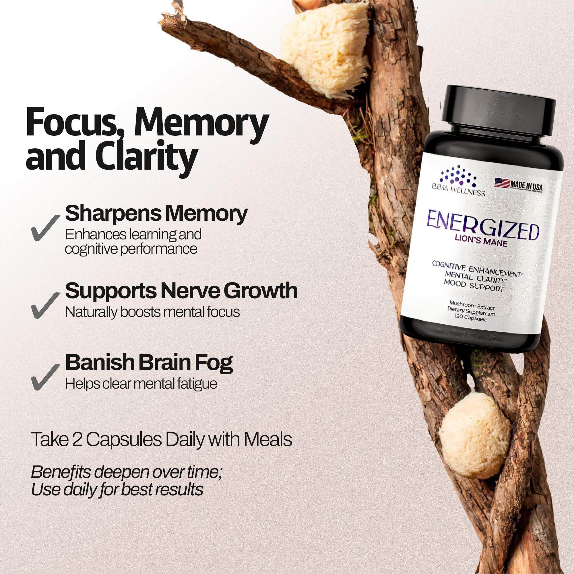 Energized Lions Mane Supplement Capsules (120ct),Brain Supplements for Memory and Focus, Nootropic for Brain Fog Relief Made in USA,30% Polysaccharides,Natural Brain Health Support - TrustMedUSA