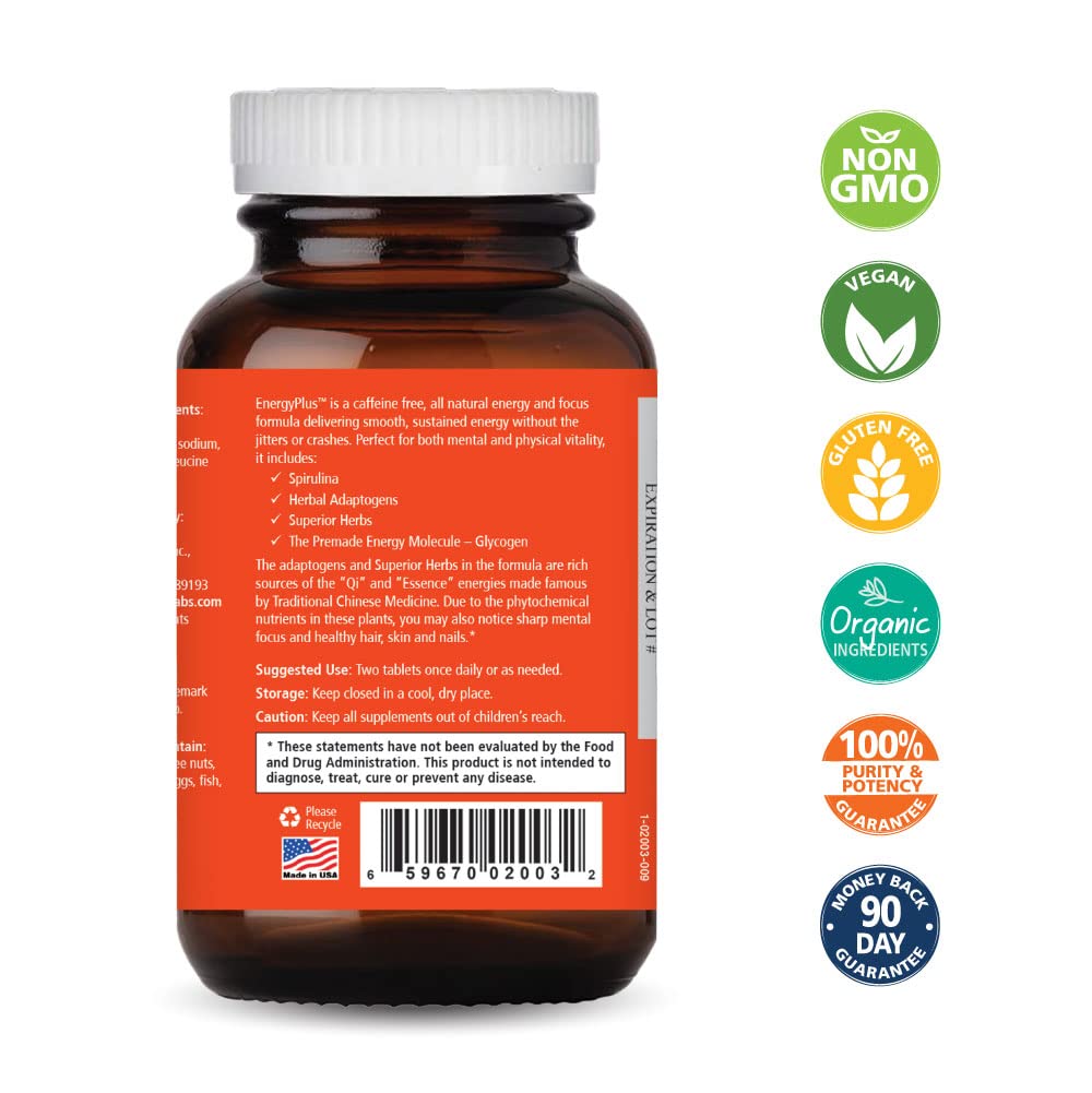 Energy Plus by Pure Essence - Caffeine Free, All Natural Herbal Energy and Focus Supplement - Smooth, No Jitters No Crash - 60 Tablets - TrustMedUSA