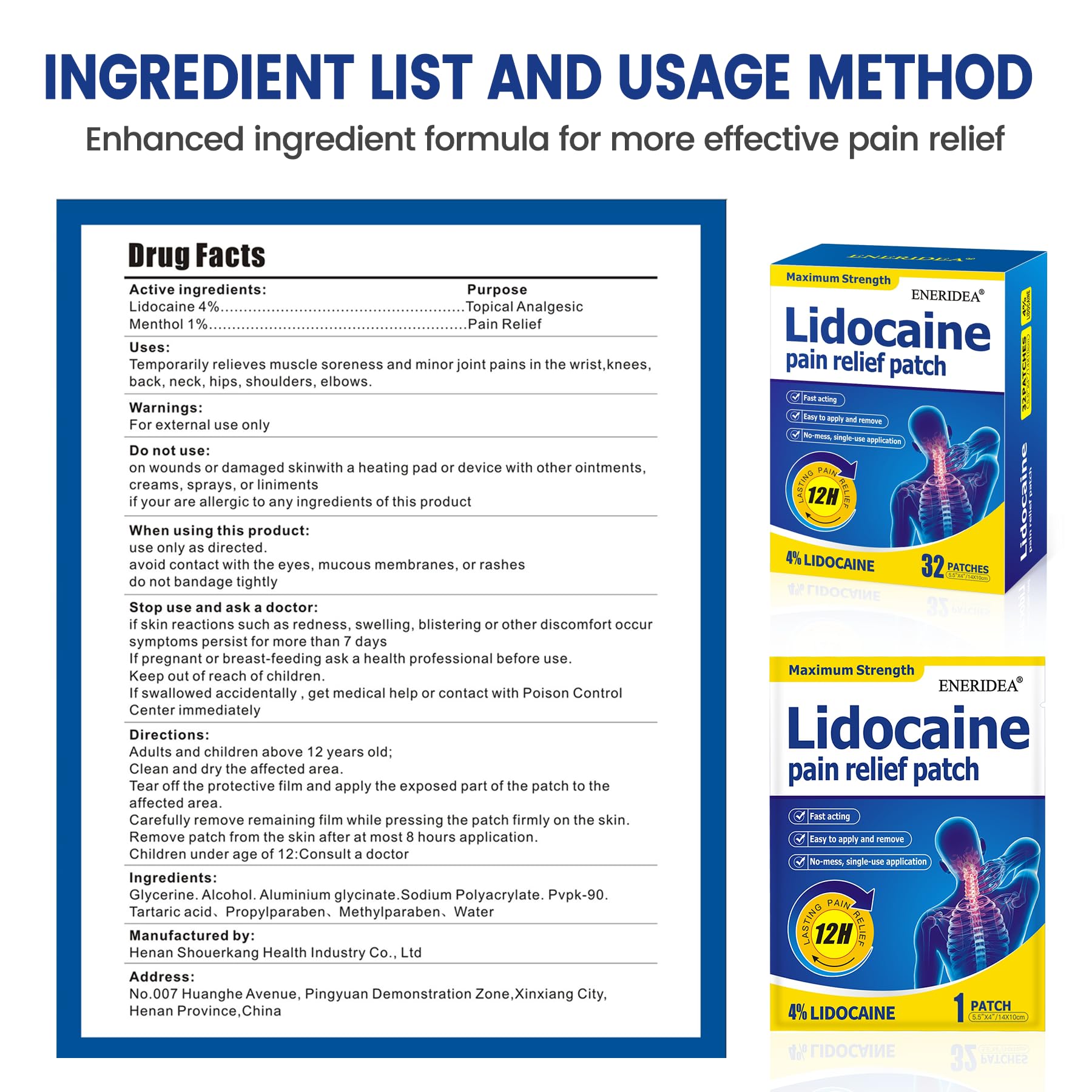 ENERIDEA Lidocaine Gel Pain Relief Patch for Sensitive Skin - Breathable & Hypoallergenic, Flexible Adhesion for Daily Muscle & Joint Comfort - 12 Hour Pain Relief (32 Patches) - TrustMedUSA