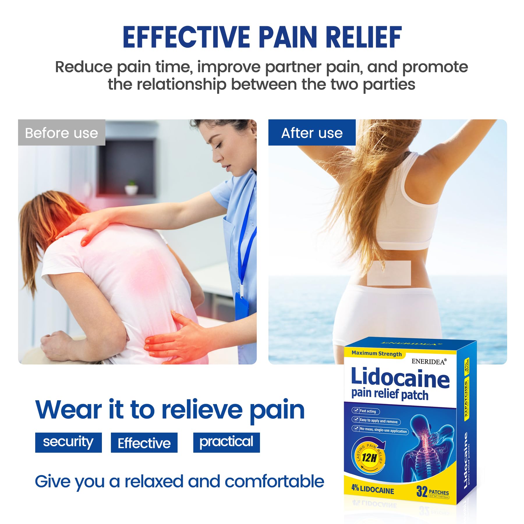 ENERIDEA Lidocaine Gel Pain Relief Patch for Sensitive Skin - Breathable & Hypoallergenic, Flexible Adhesion for Daily Muscle & Joint Comfort - 12 Hour Pain Relief (32 Patches) - TrustMedUSA
