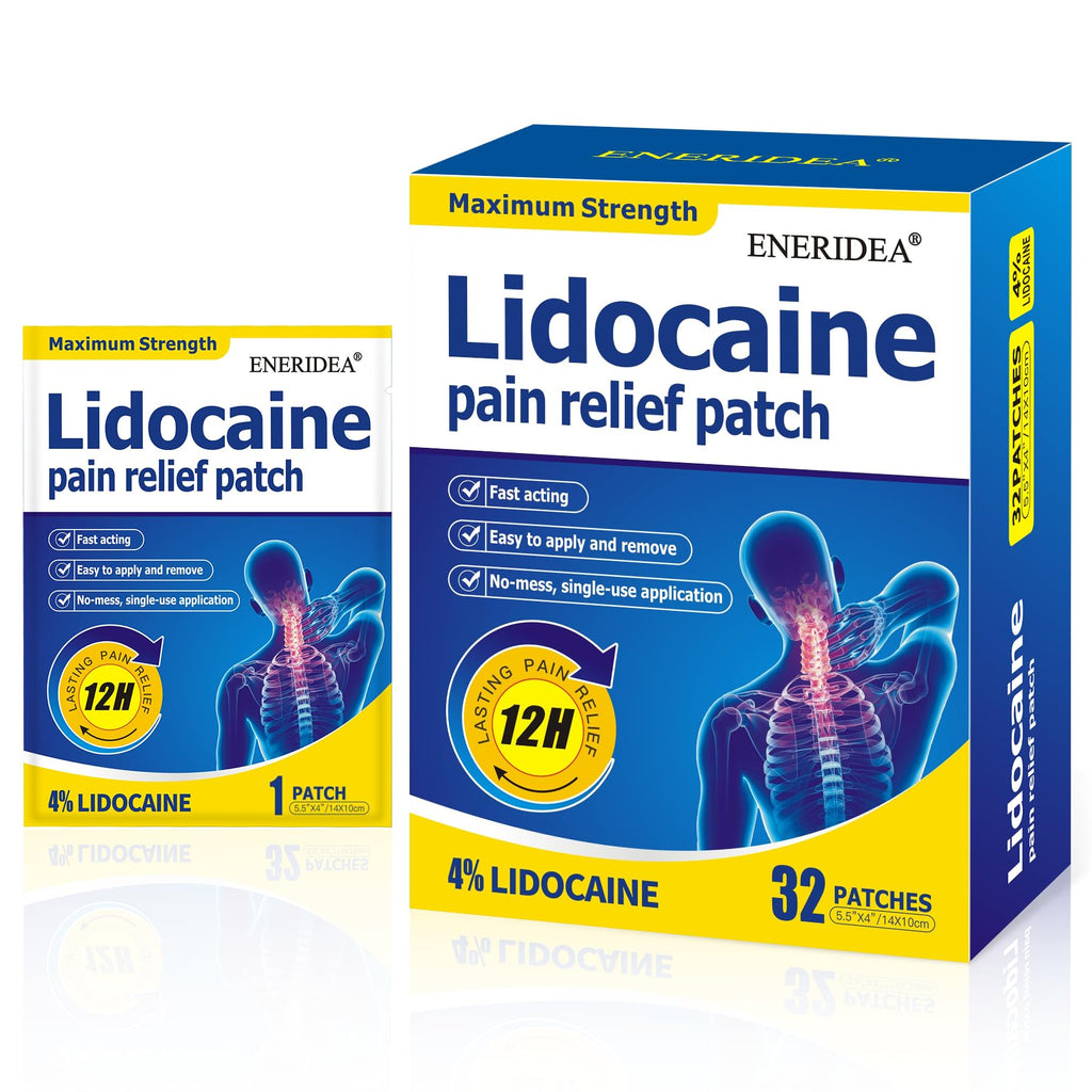 ENERIDEA Lidocaine Gel Pain Relief Patch for Sensitive Skin - Breathable & Hypoallergenic, Flexible Adhesion for Daily Muscle & Joint Comfort - 12 Hour Pain Relief (32 Patches) - TrustMedUSA