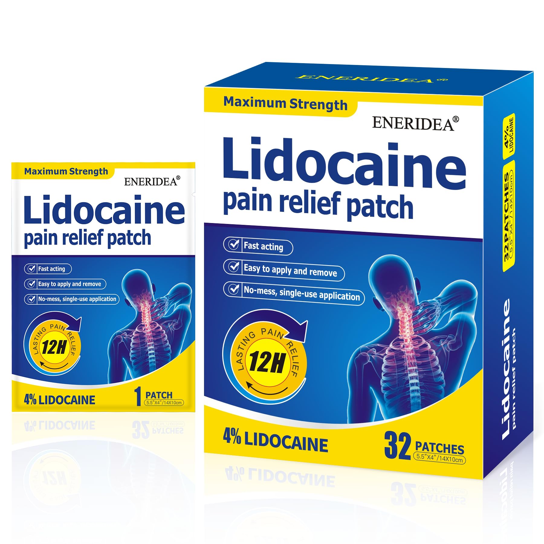 ENERIDEA Lidocaine Gel Pain Relief Patch for Sensitive Skin - Breathable & Hypoallergenic, Flexible Adhesion for Daily Muscle & Joint Comfort - 12 Hour Pain Relief (32 Patches) - TrustMedUSA