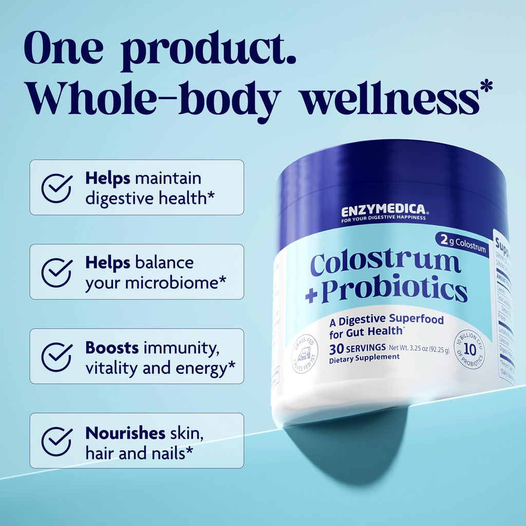 Enzymedica Colostrum + Probiotics Powder Supplement - Grass Fed Bovine Colostrum for Women & Men, Peptide & Lactoferrin Support, Promotes Hair, Skin, Nails, Immune & Gut Health, Gluten Free - 3.25 oz - TrustMedUSA