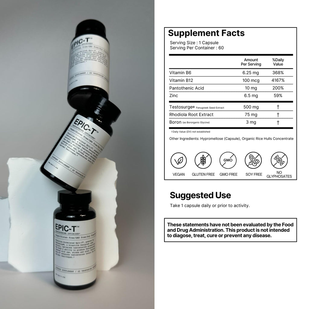 EPIC-T Testosterone Support Supplement for Men | Plant-Based Formula with Testosurge, B-Complex, B12, Zinc & Boron | Vegan, Non-GMO Daily Support - TrustMedUSA