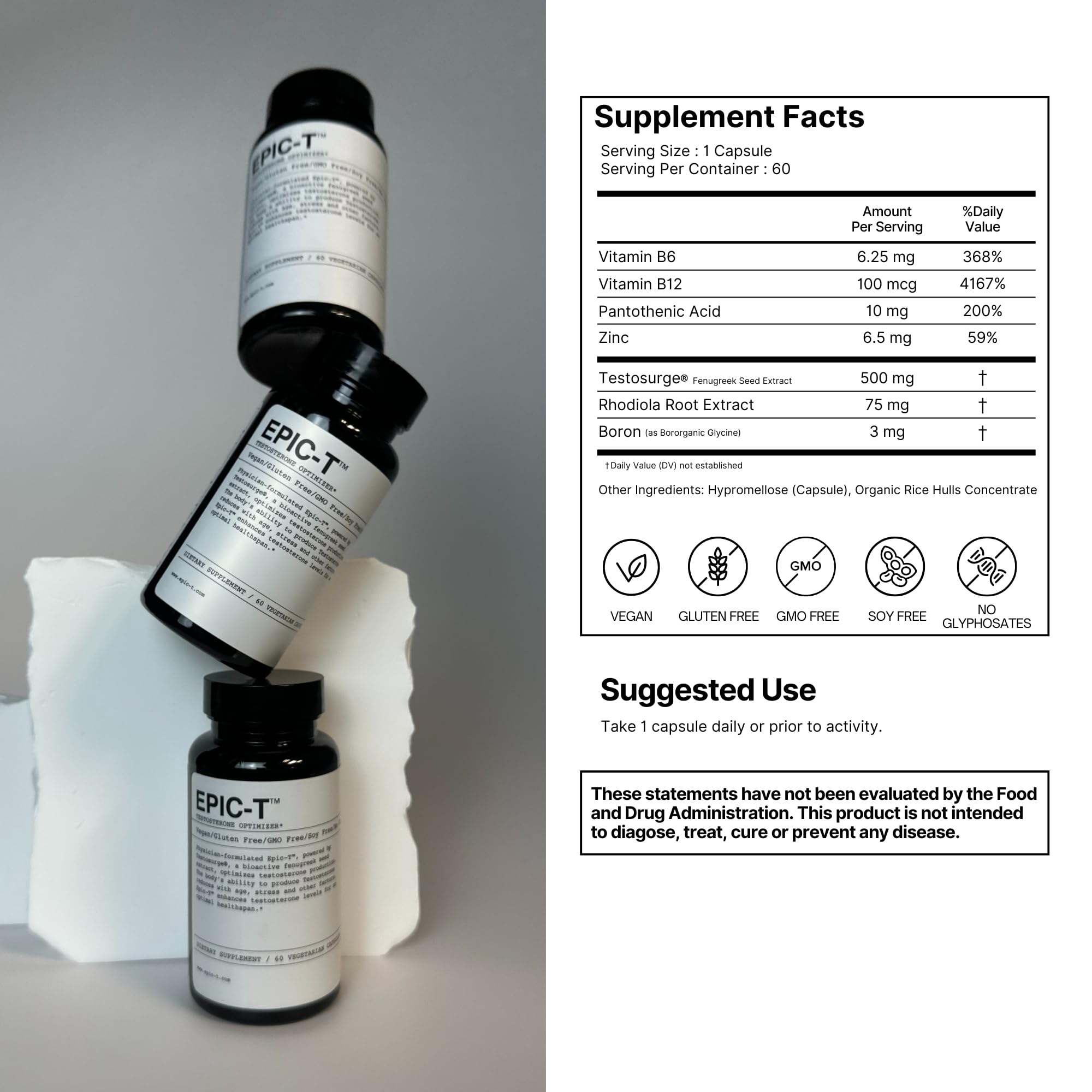 EPIC-T Testosterone Support Supplement for Men | Plant-Based Formula with Testosurge, B-Complex, B12, Zinc & Boron | Vegan, Non-GMO Daily Support - TrustMedUSA