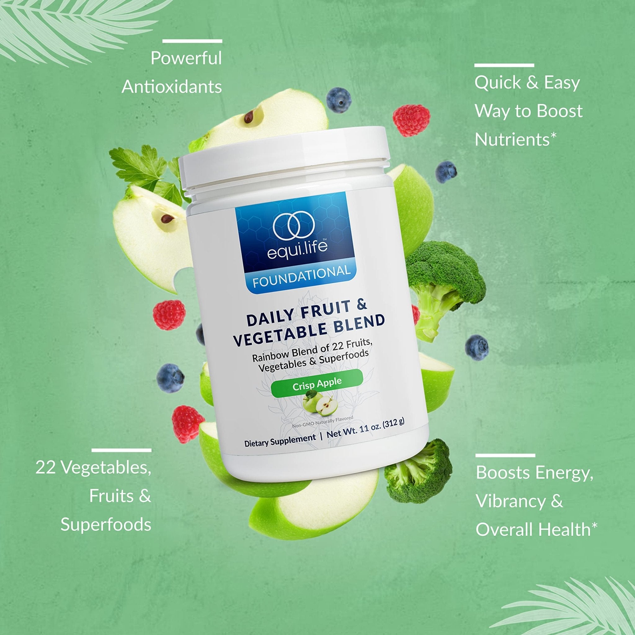 Equilife Daily Fruit & Vegetable Blend, Superfood Antioxidant Supplement, Crisp Apple Flavor with Vitamin C, Fiber, and 9 Essential Amino Acids, Supports Energy, Low Sugar, Vegan, 30 Servings Tub - TrustMedUSA