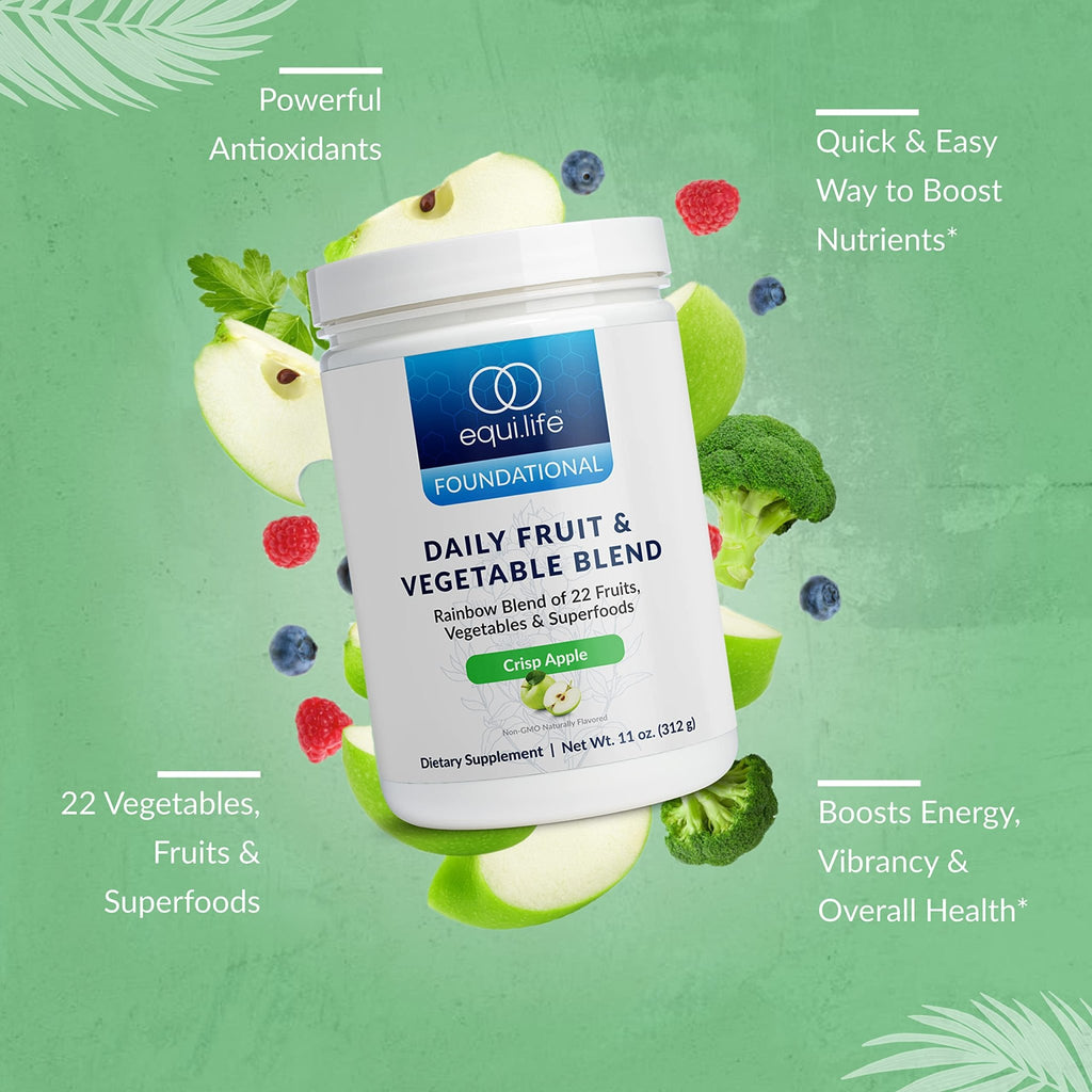 Equilife Daily Fruit & Vegetable Blend, Superfood Antioxidant Supplement, Crisp Apple Flavor with Vitamin C, Fiber, and 9 Essential Amino Acids, Supports Energy, Low Sugar, Vegan, 30 Servings Tub - TrustMedUSA