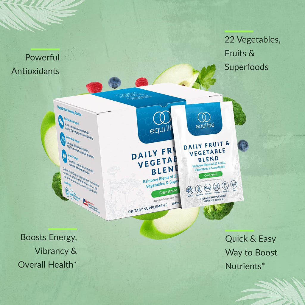 Equilife Daily Fruit & Vegetable Blend, Superfood Antioxidant Supplement, Crisp Apple Flavor with Vitamin C, Fiber, and 9 Essential Amino Acids, Supports Energy, Vegan, 14 Single Serve Packets - TrustMedUSA