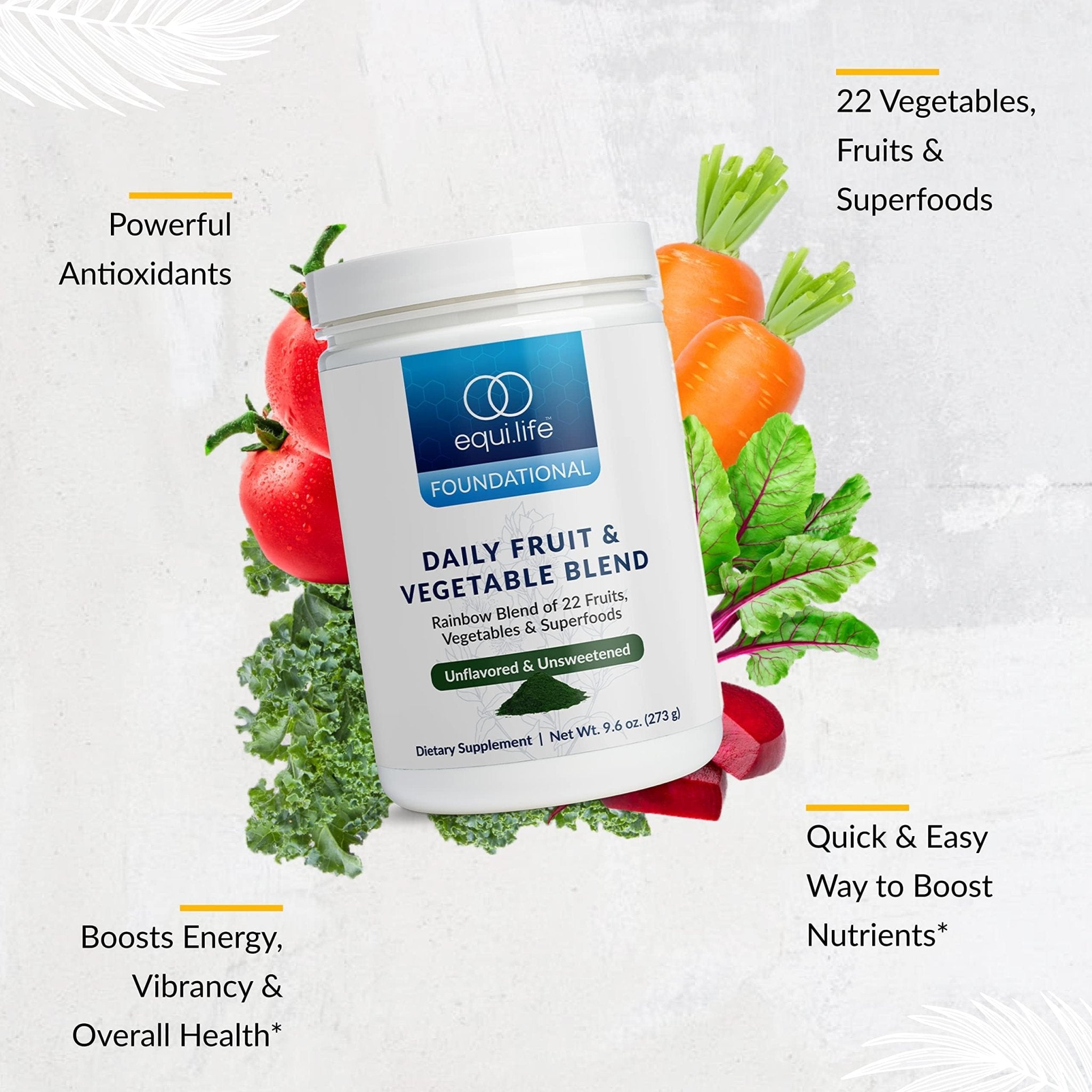 Equilife Daily Fruit & Vegetable Blend, Superfood Antioxidant Supplement with 22 Organic Fruits & Vegetables, Unflavored, Vitamin C, Fiber, 9 Essential Amino Acids, Supports Energy, 30 Servings Tub - TrustMedUSA
